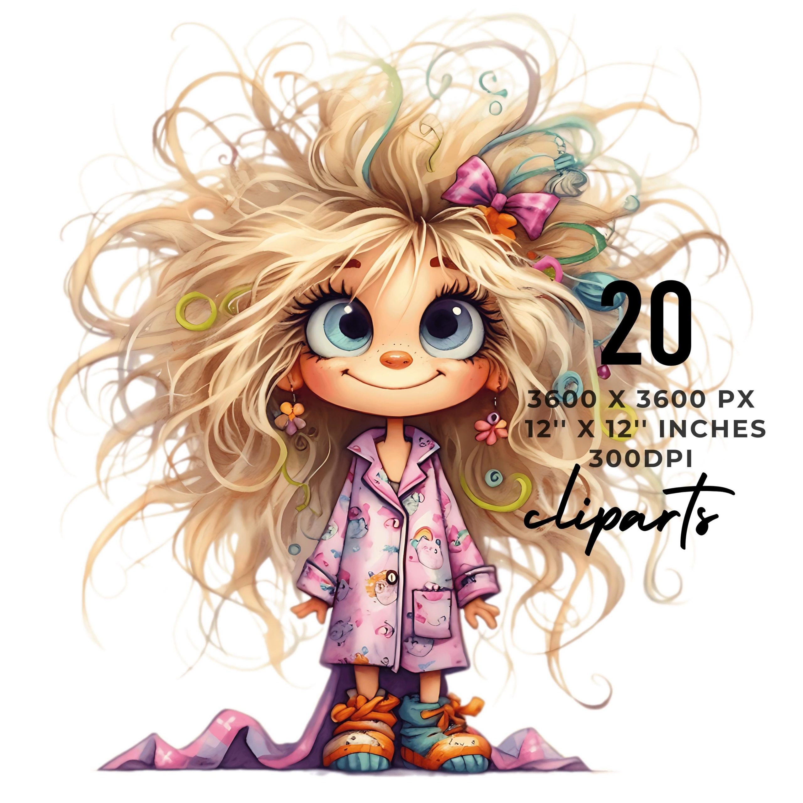 Crazy Girl in Pyjama Clipart 20 PNG & 20 JPG | Quirky Morning Girls Watercolor Art | Whimsical Junk Journal Ephemera Commercial Use – Instant Digital Download