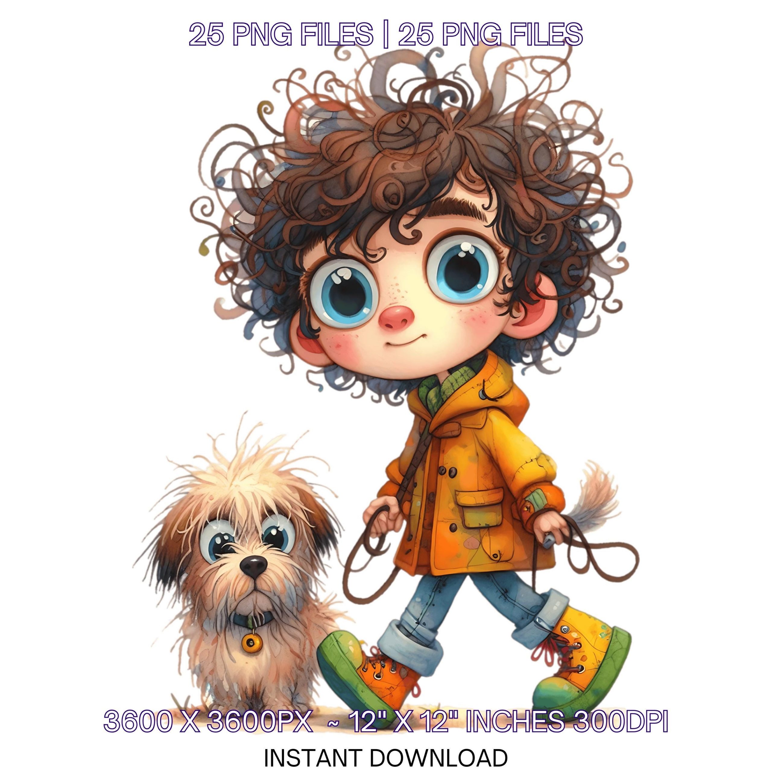 25 Quirky Boy Walking Dog Clipart PNG | Crazy Frazzled Boy PNG Fantasy Whimsical Ephemera Watercolor Junk Journal Paper Craft Commercial Use – Instant Digital Download