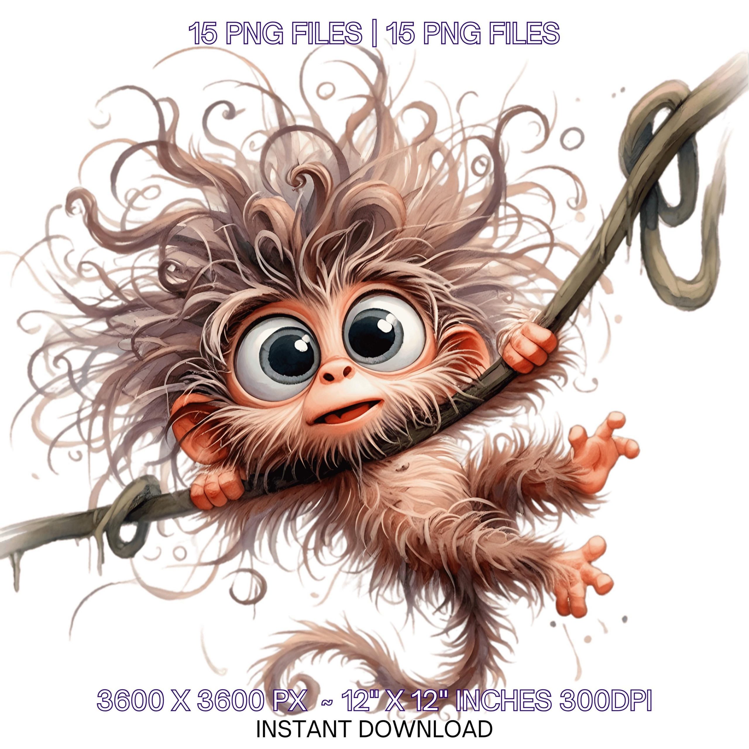 Crazy Monkey Clip Art Bundle | Quirky Frazzled Monkey in Tree | Whimsical Animal Clipart for Scrapbooking | 15 PNG + 15 JPG Commercial Use – Instant Digital Download