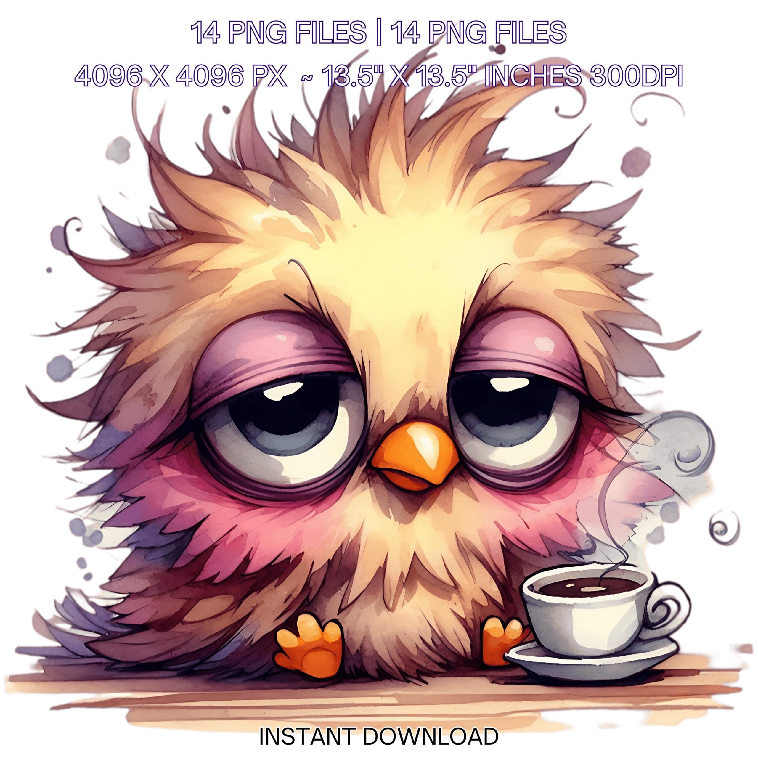 14 Quirky Grumpy Bird with a Morning Cup of Coffee PNG | Frazzled Grumpy Bird Clip Art Whimsical Junk Journal Scrapbooking Commercial Use – Instant Digital Download
