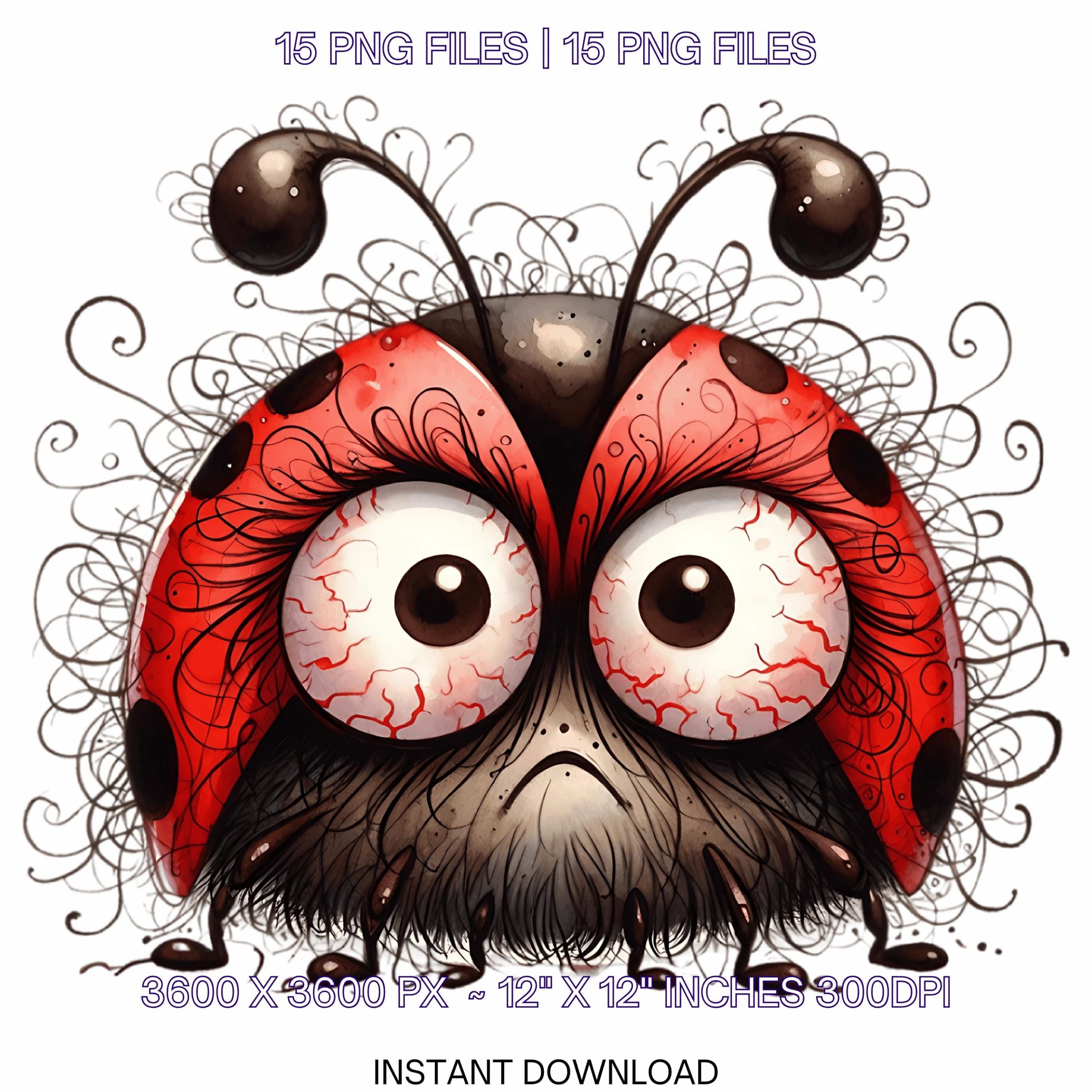15 Grouchy Ladybug Clipart | Quirky Crazy Ladybug PNG | Whimsical Scrapbooking Junk Journaling Card Making Sublimation Design Commercial Use – Instant Digital Download