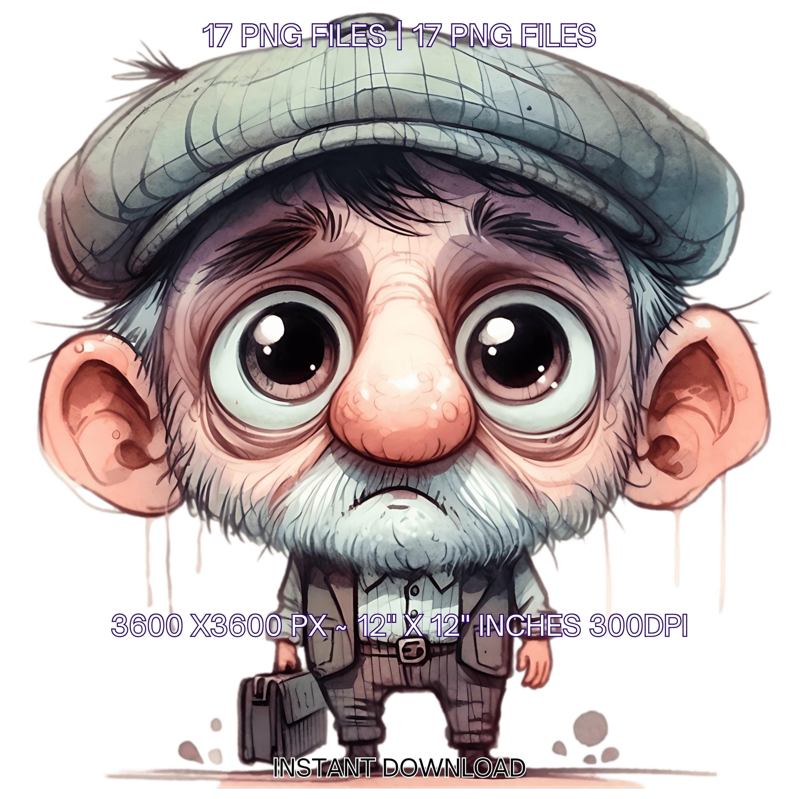 Grumpy Old Man Clipart | 17 PNG 17 JPG | Frazzled Quirky Elderly Man | Angry Whimsical Character, Scrapbooking, Sublimation | Commercial Use – Instant Digital Download