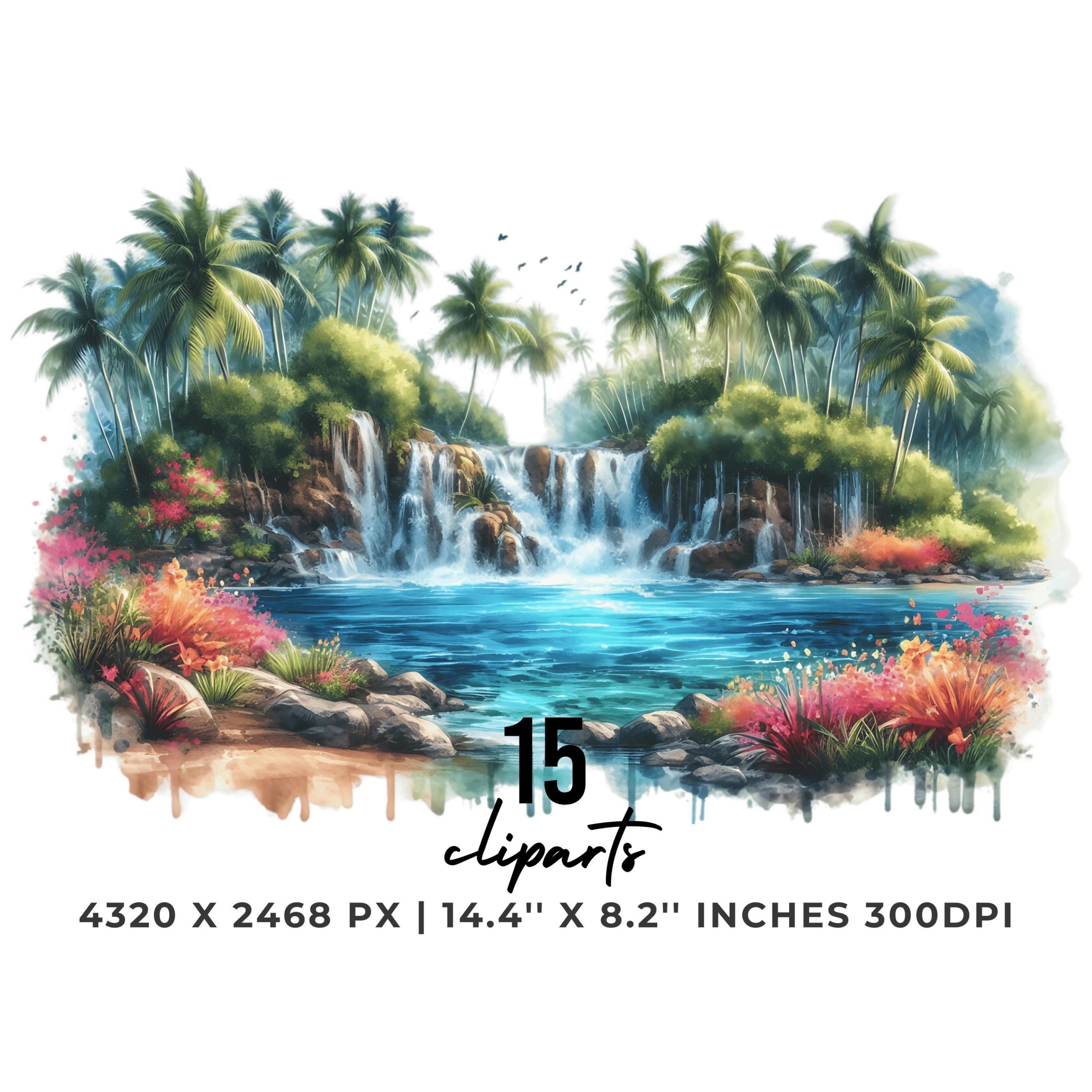 15 Waterfall Clipart PNG Sublimation Design | Mountain with Waterfall Clipart | Rainbow, Jungle, Forest Rainforest Waterfall Commercial Use – Instant Digital Download