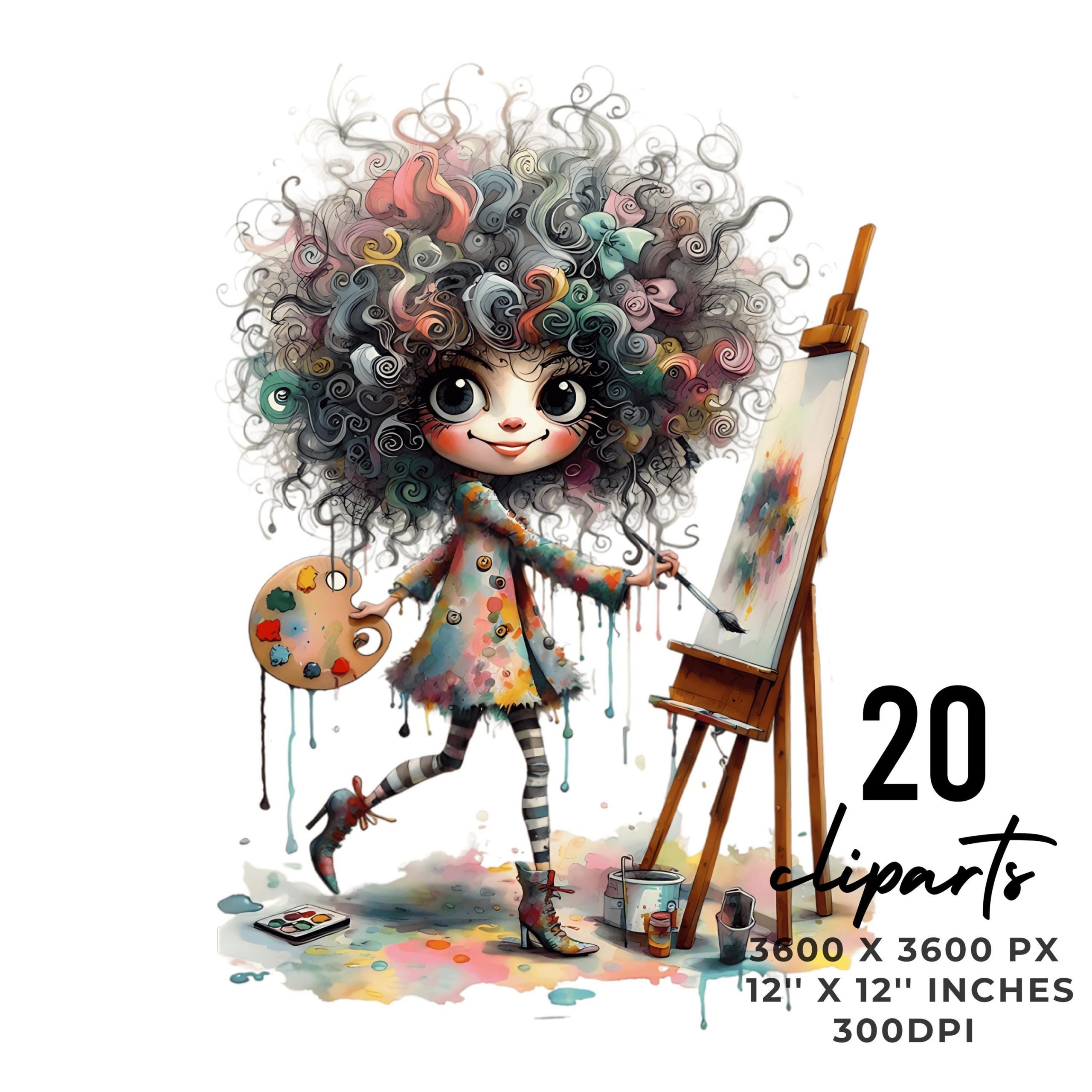 Young Messy Curly Hair Woman at Easel Clipart | 20 PNG 20 JPG Quirky Girl in Haute Couture Outfit | Whimsical Artist for Commercial Use – Instant Digital Download
