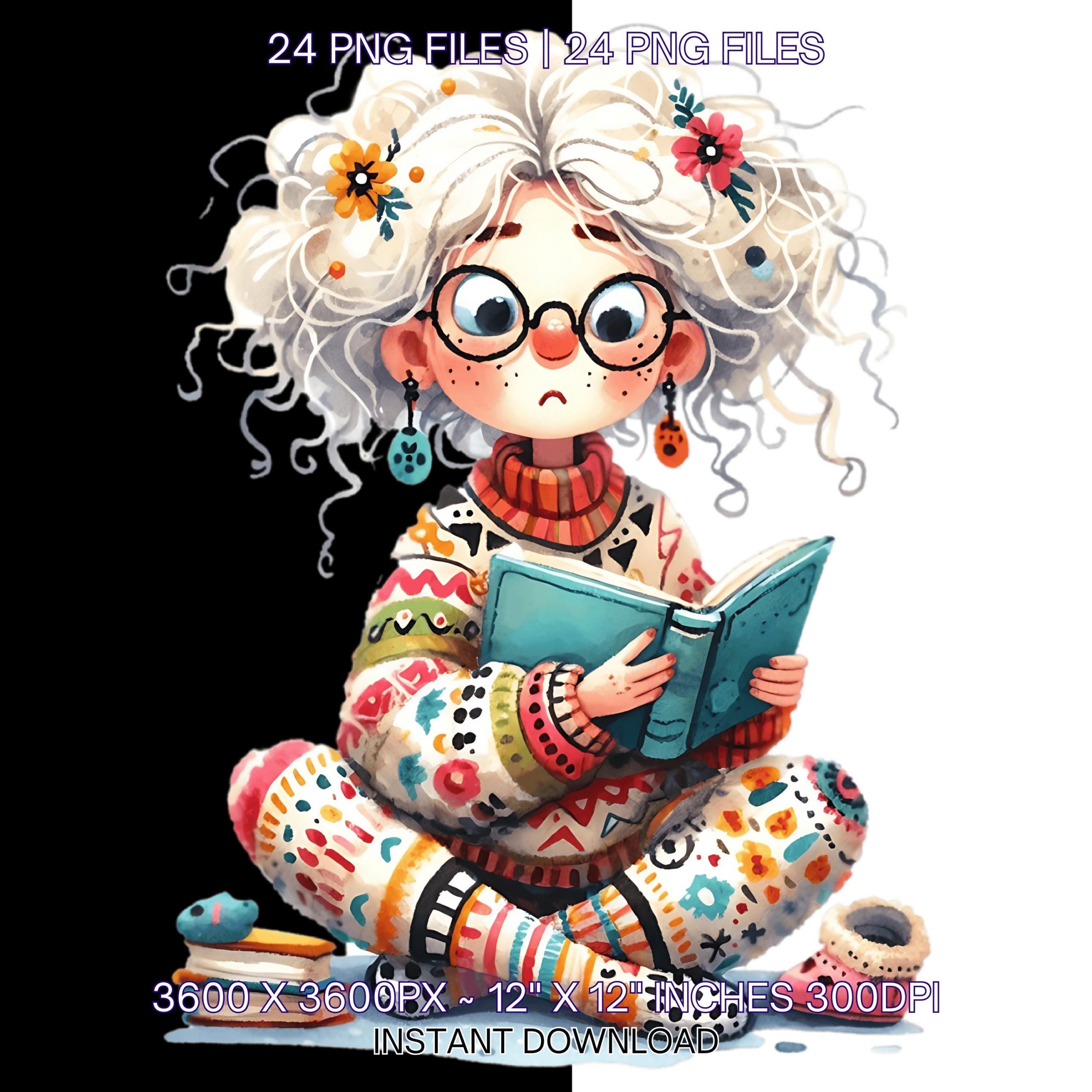 24 Woman Reading in Cozy Clothes Clip Art PNG | Cute Old Lady Reading in Pijama Clipart | Happy Grandma Reading | Sublimation Commercial Use – Instant Digital Download