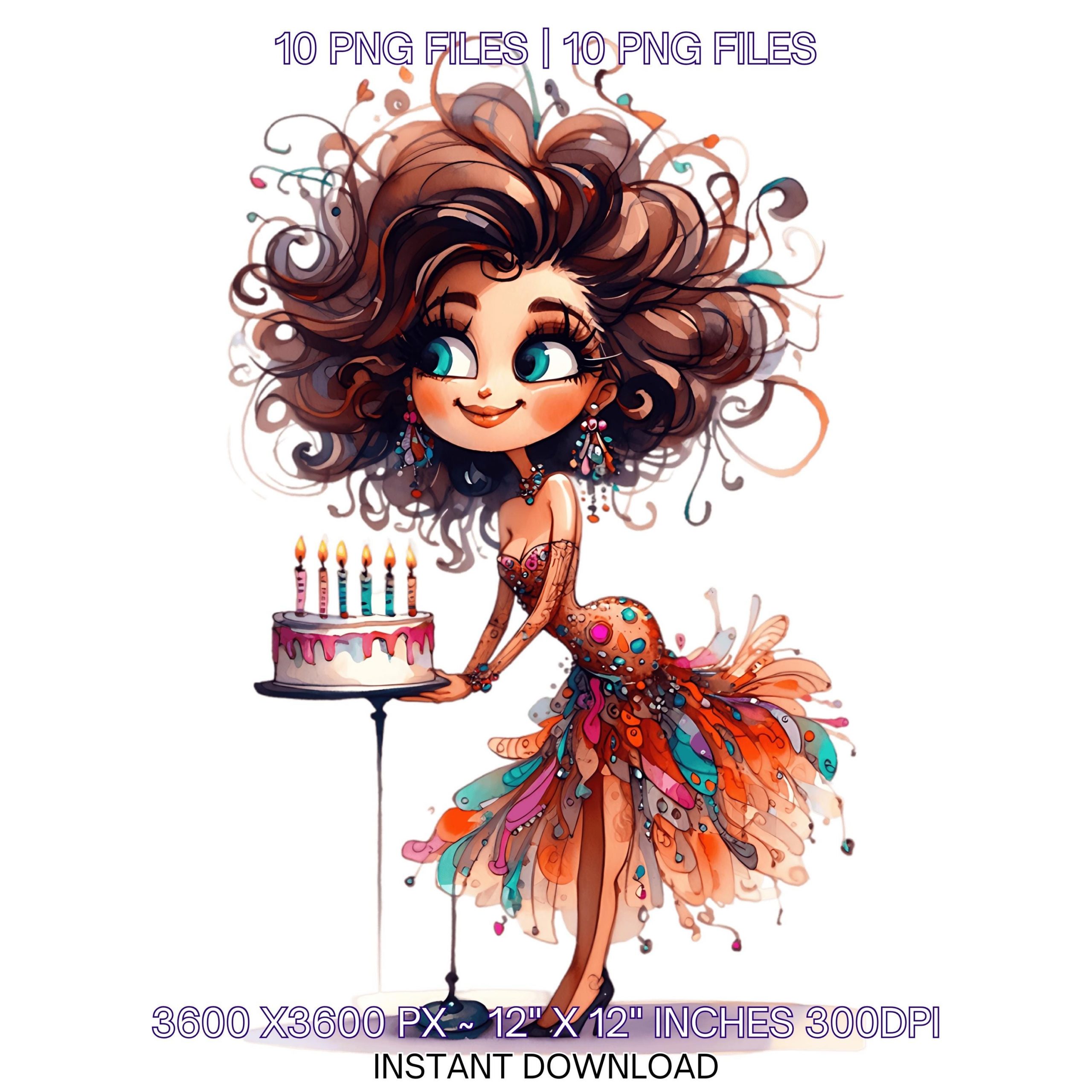 10 Quirky Girl Birthday Smiling with Birthday Cake Clip Art PNG | Cute  Brown Hair Woman in Haute Couture Dress Sublimation Commercial Use – Instant Digital Download