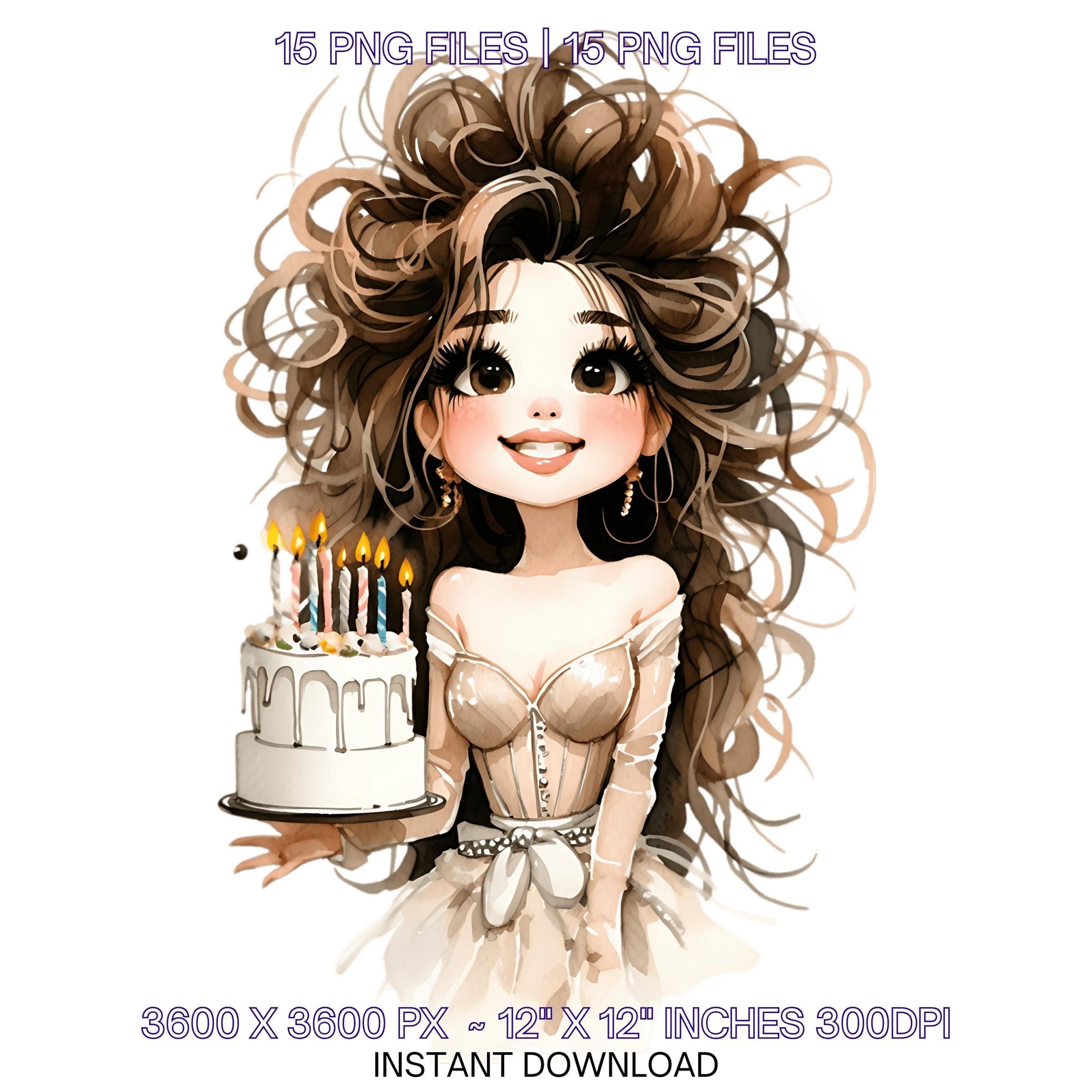 15 Quirky Girl Birthday Smiling Holding a Birthday Cake in Her Hands wearing Cute Haute Couture Dress Clipart PNG Sublimation Commercial Use – Instant Digital Download
