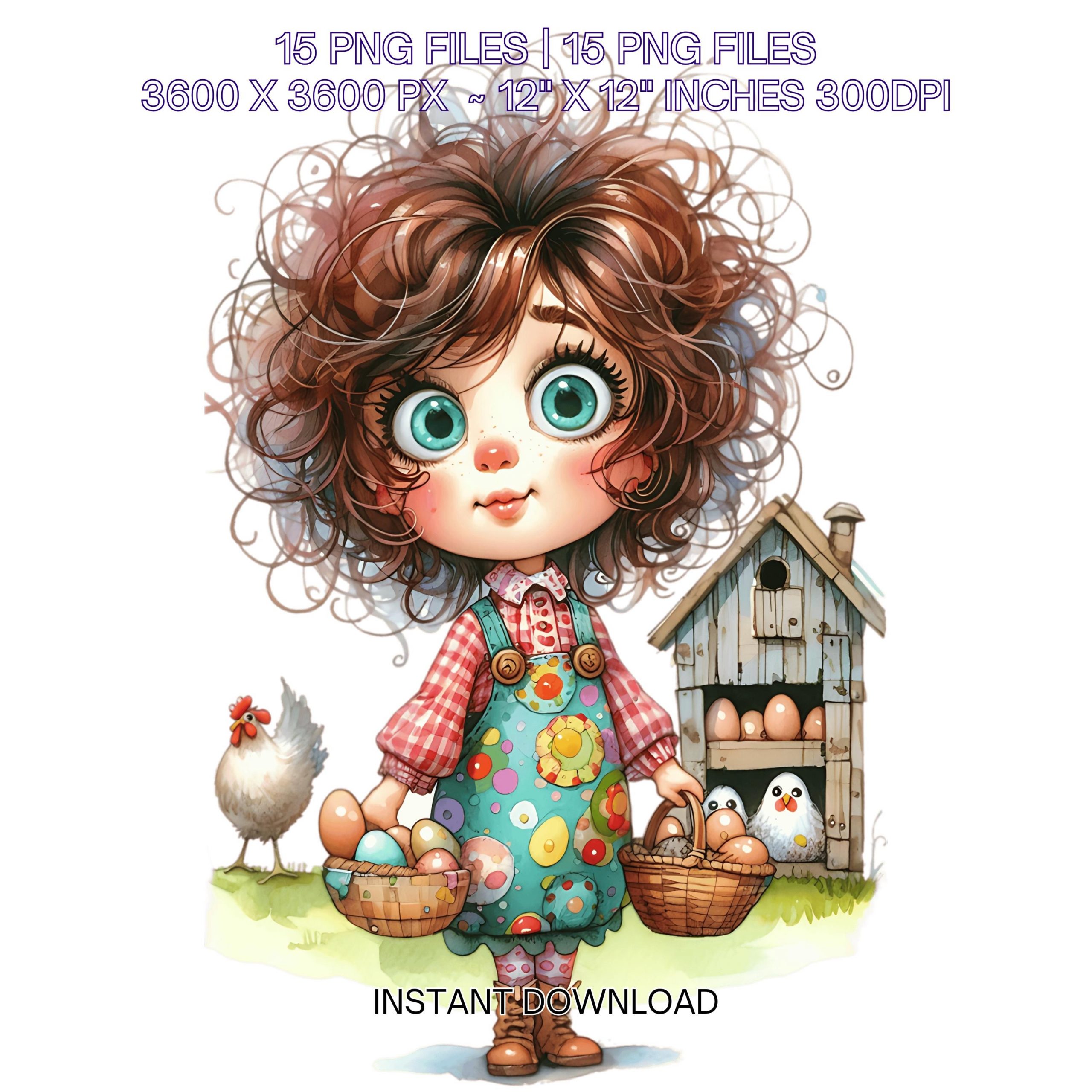 15 Quirky Farm Girl in Front of Hen’s House holding a Basket of Eggs while Smiling with Curiosity Clipart PNG Sublimation Commercial Use – Instant Digital Download
