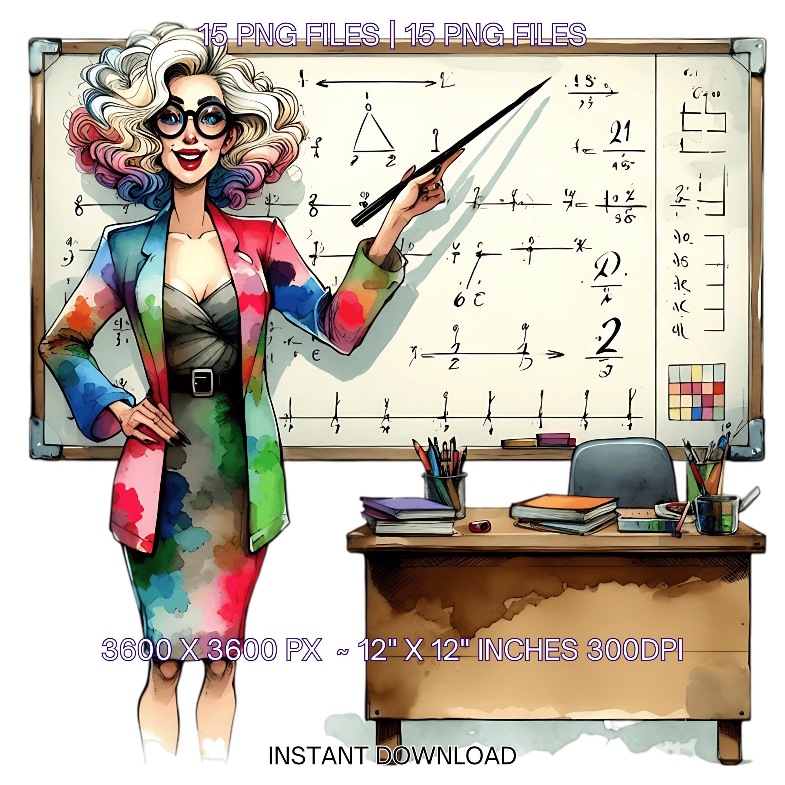 Quirky Teacher at Blackboard Clipart | 14 PNG & 14 JPG | Watercolor Classroom Teacher | Whimsical School Clip Art Sublimation Commercial Use – Instant Digital Download