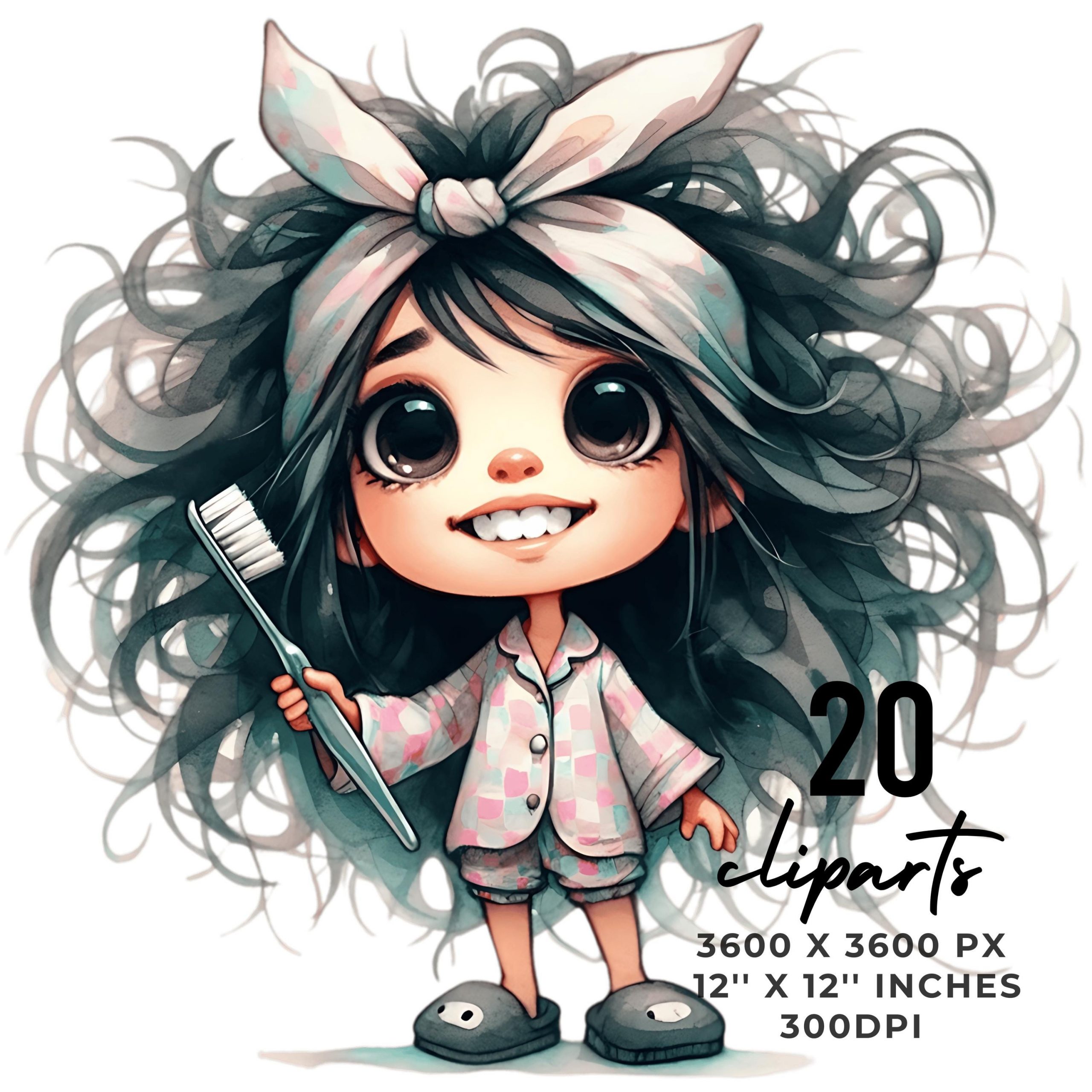 20 Quirky Girl in Her Pyjamas Brushing Her Teeth Clipart | Whimsical Ephemera Cute Graphics PNG | Junk Journal Sublimation Commercial Use – Instant Digital Download