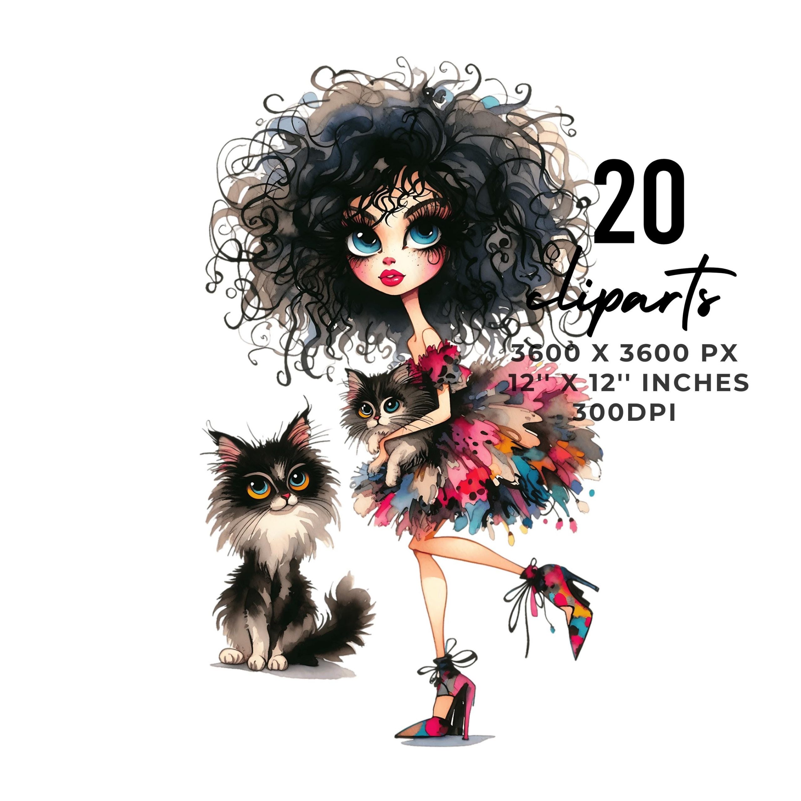 20 Crazy Cat Lady Clipart PNG | Quirky Haute Couture Cat Lady | Whimsical Scrapbooking Junk Journaling and Card Making Kit | Commercial Use – Instant Digital Download