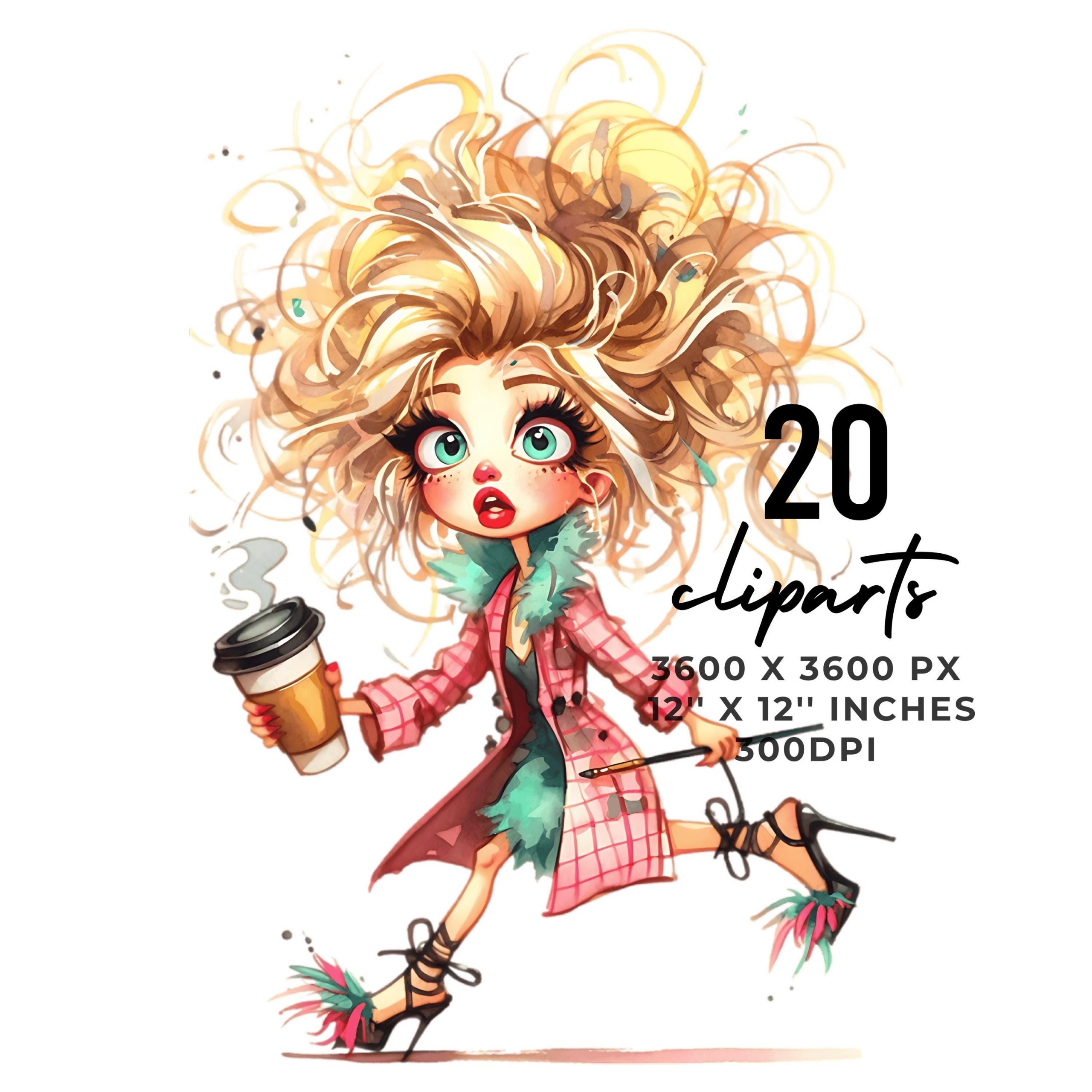 20 Quirky Haute Couture Coffee Girl Clipart PNG | Coffee Women PNG | Whimsical Scrapbooking Junk Journaling and Card Making | Commercial Use – Instant Digital Download