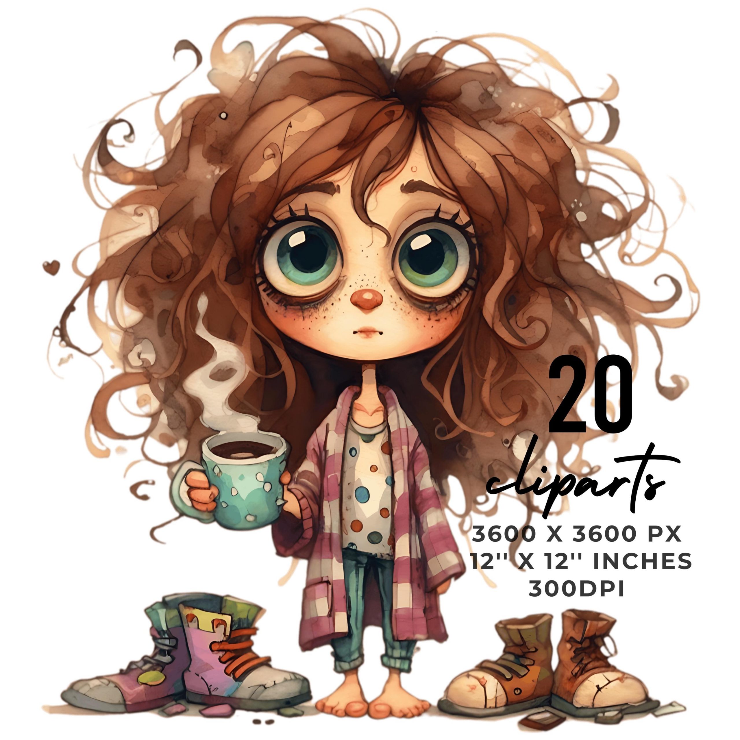 20 Quirky Morning Coffee Girl Clipart PNG | Crazy Coffee Women in Pyjama | Whimsical Scrapbooking Junk Journaling Card Making Commercial Use – Instant Digital Download