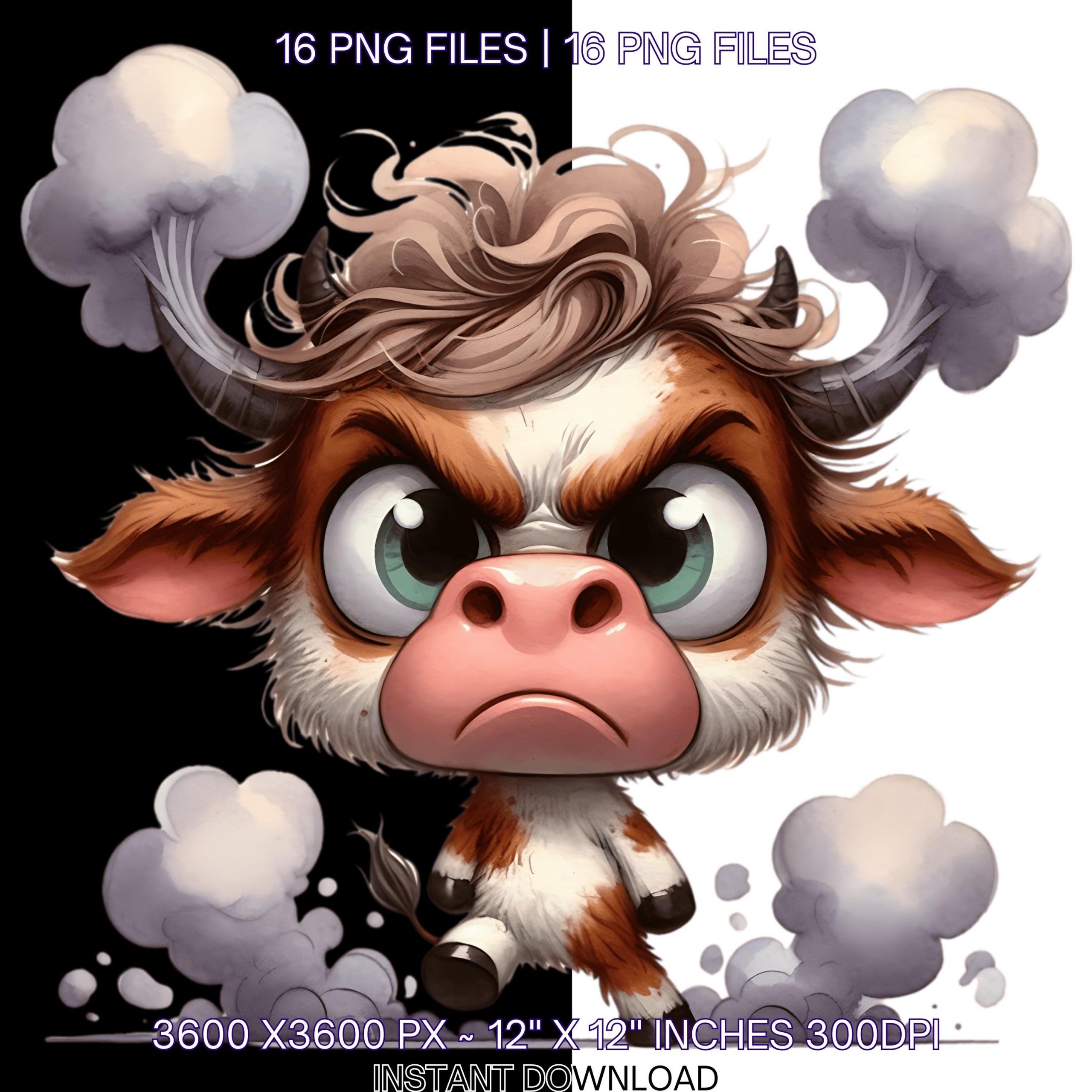 16 Angry Cow with Steam Coming from Its Ears Clip Art | Quirky Frazzled Cattle Whimsical Scrapbooking Junk Journaling Card Commercial Use – Instant Digital Download