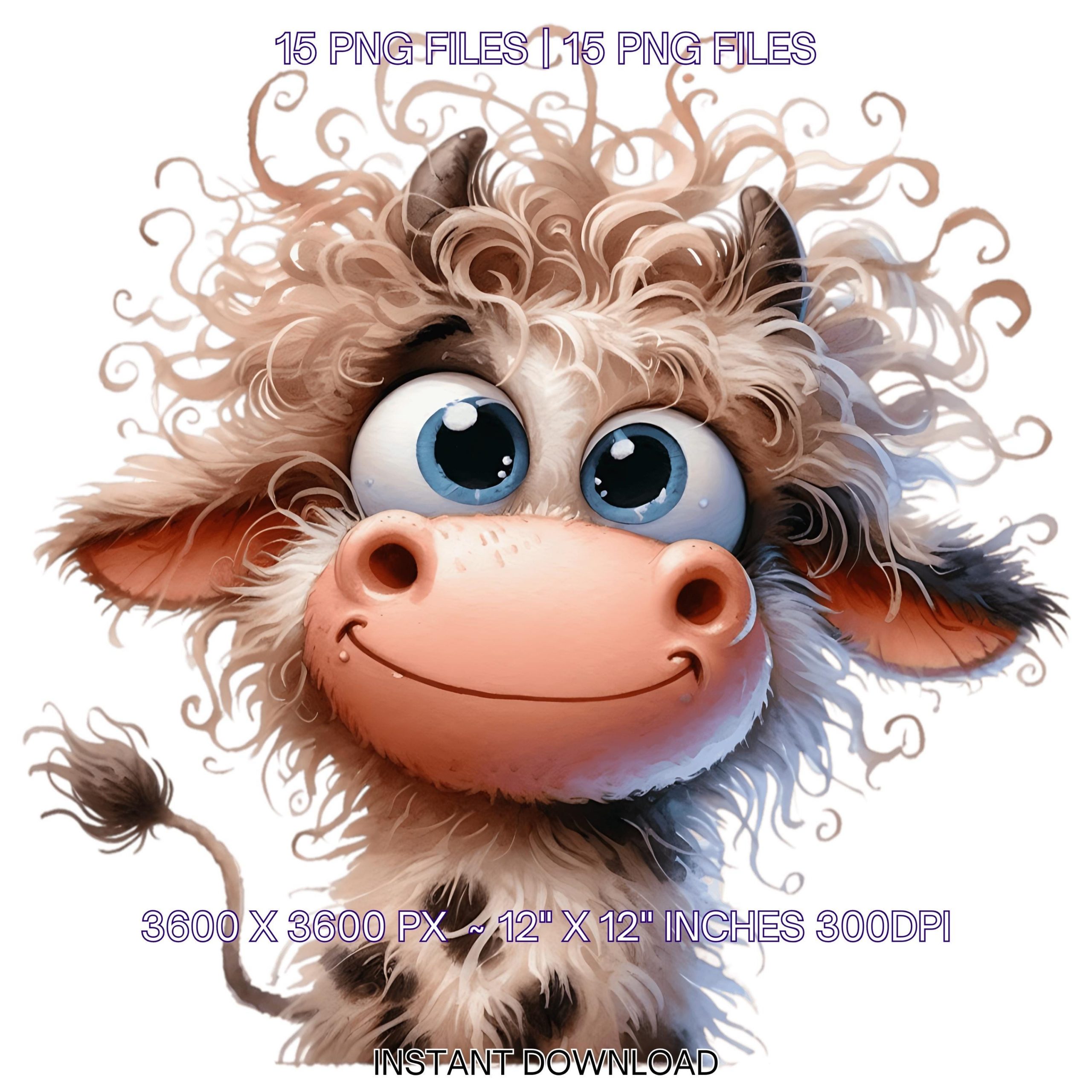 16 Cute Frazzled Quirky Cow with Messy Hair and a Big Smile Clip Art | Quirky Frazzled Cattle Whimsical Scrapbooking Commercial Use – Instant Digital Download