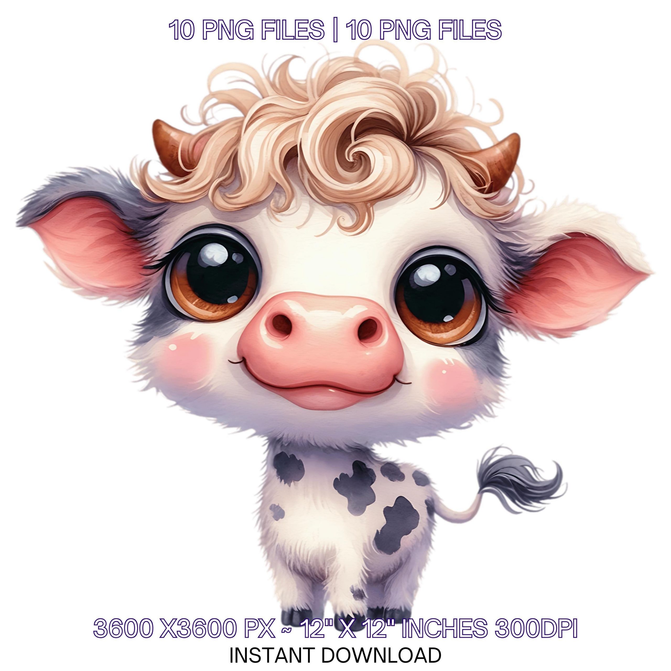 10 Cute Jersey Cow with Big Eyes and a Quirky Smile Clip Art | Quirky Frazzled Cattle PNG Clipart Whimsical Scrapbooking Commercial Use – Instant Digital Download