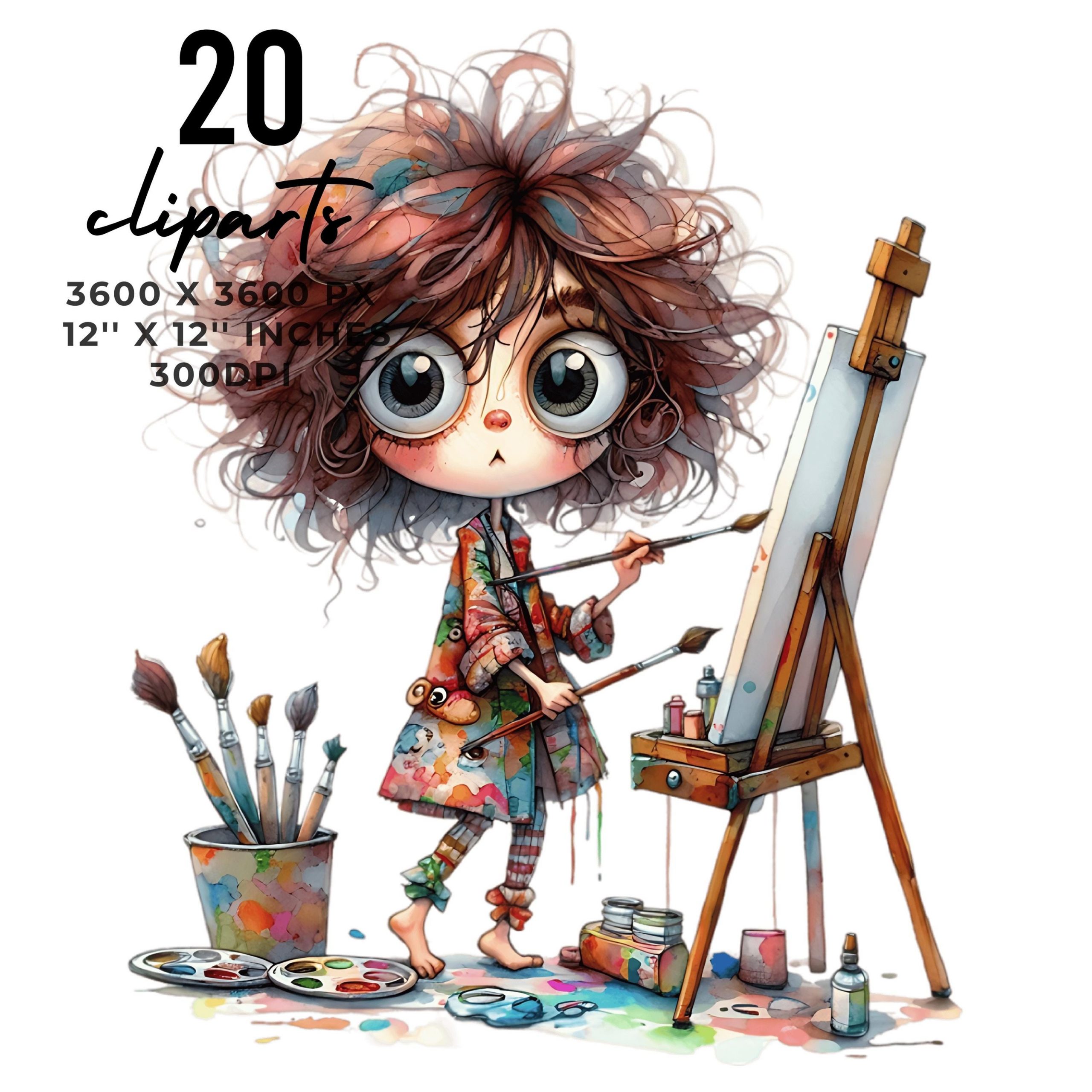 20 A quirky woman painting energetically at her easel | Whimsical Quirky messy curls Girl stands at her easel Clip Art PNG Commercial Use – Instant Digital Download