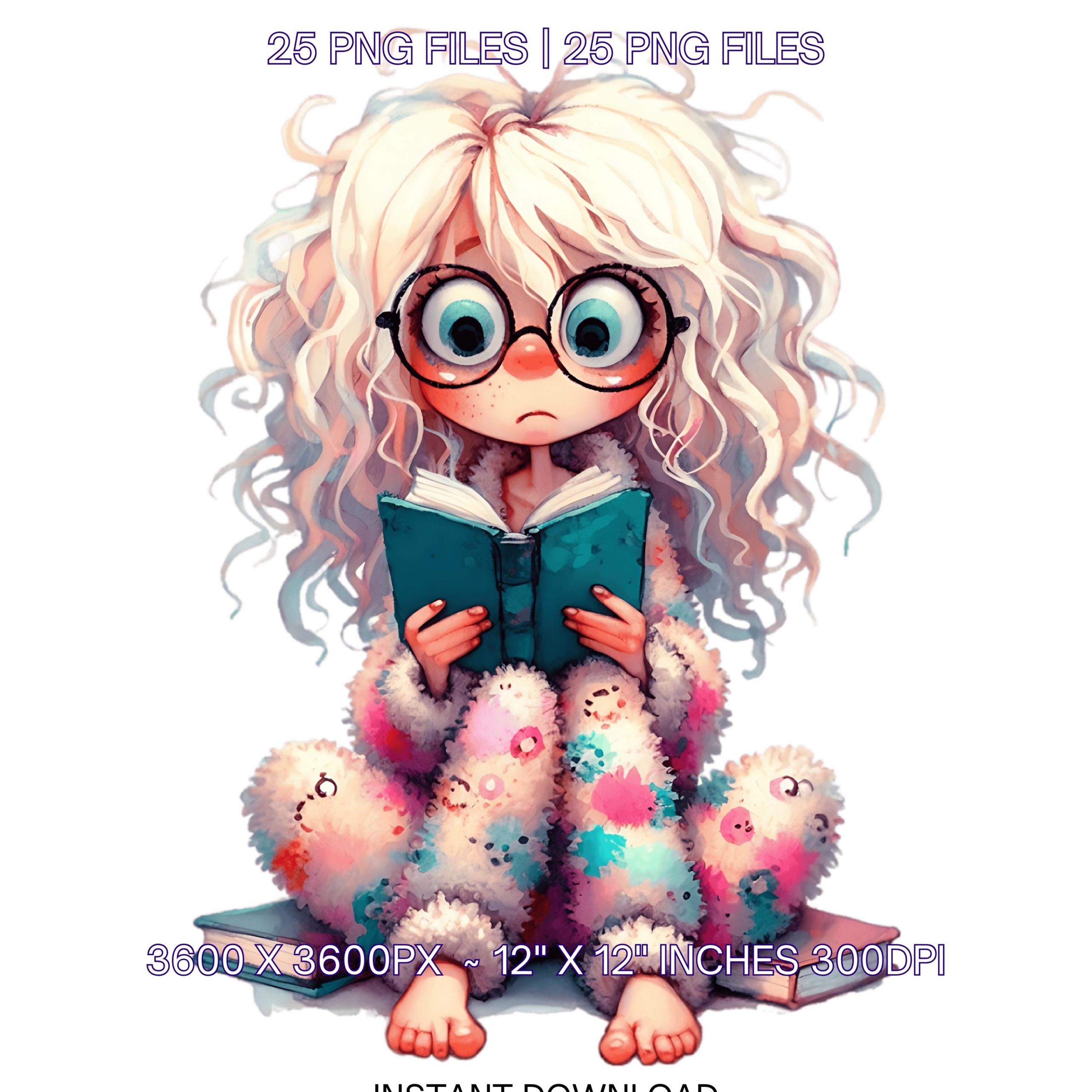 Girl Reading Cozy Clipart Bundle | 25 PNG + 25 JPG | Cute Girl in Pajamas Reading Book | Black Girl, Asian Girl | Sublimation Commercial Use – Instant Digital Download
