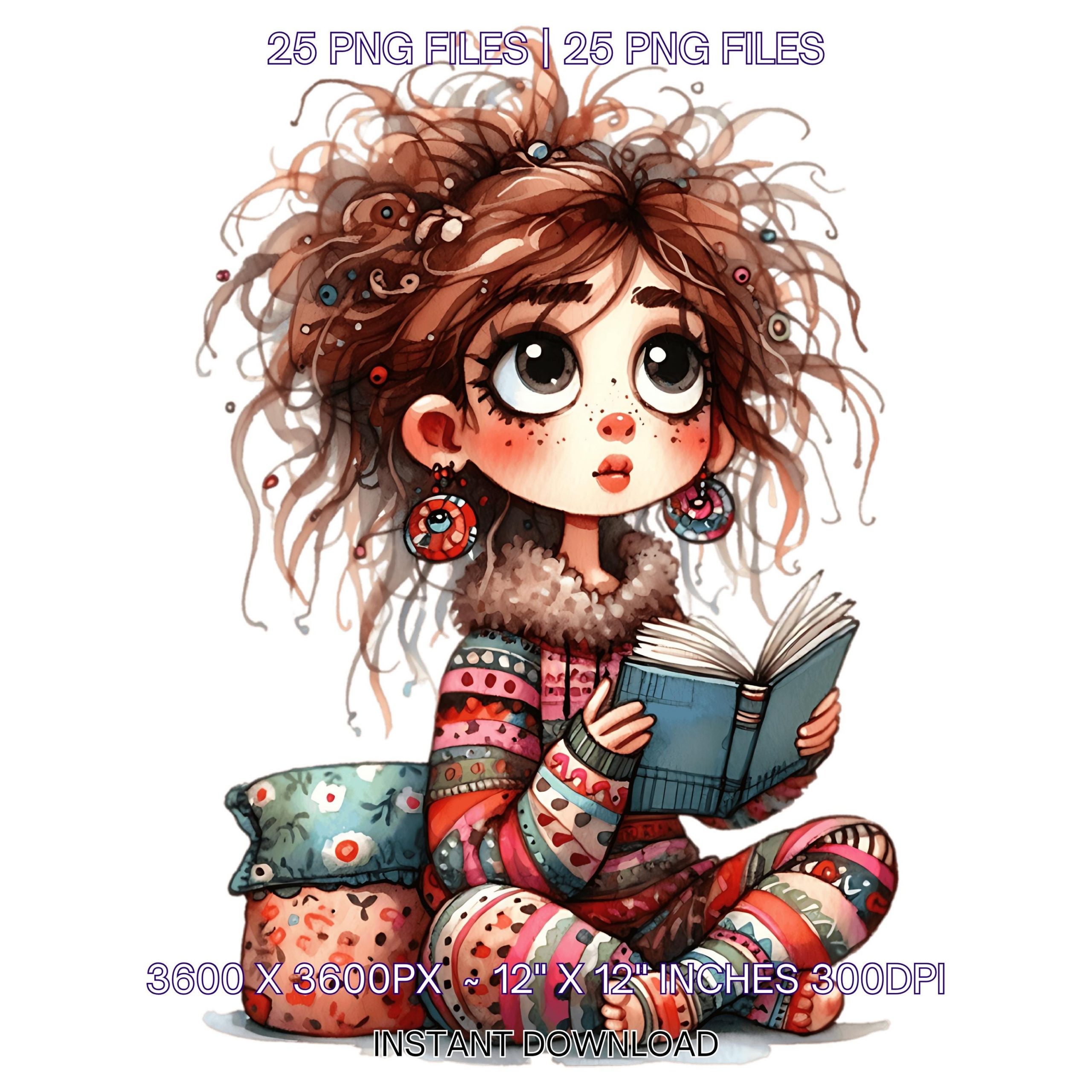 25 Girl Reading in Pijama Clip Art PNG | Cute Girl Reading in Cozy Clothes | Black Girl Book | Asian Girl Reading Sublimation Commercial Use – Instant Digital Download