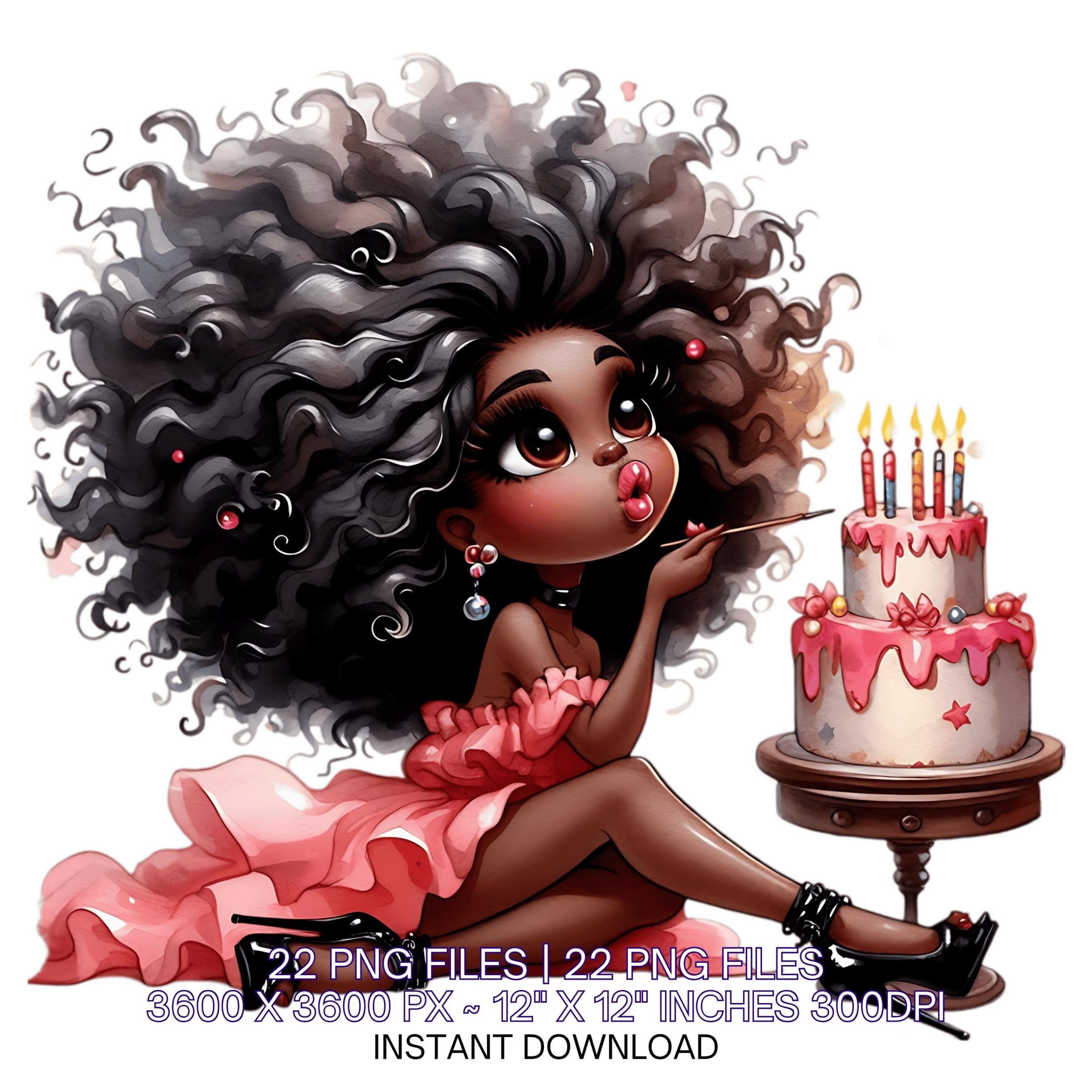 22 Quirky African Black Girl Smiling with Birthday Cake Clip Art PNG | Cute Afro Woman in Haute Couture Dress | Sublimation Commercial Use – Instant Digital Download
