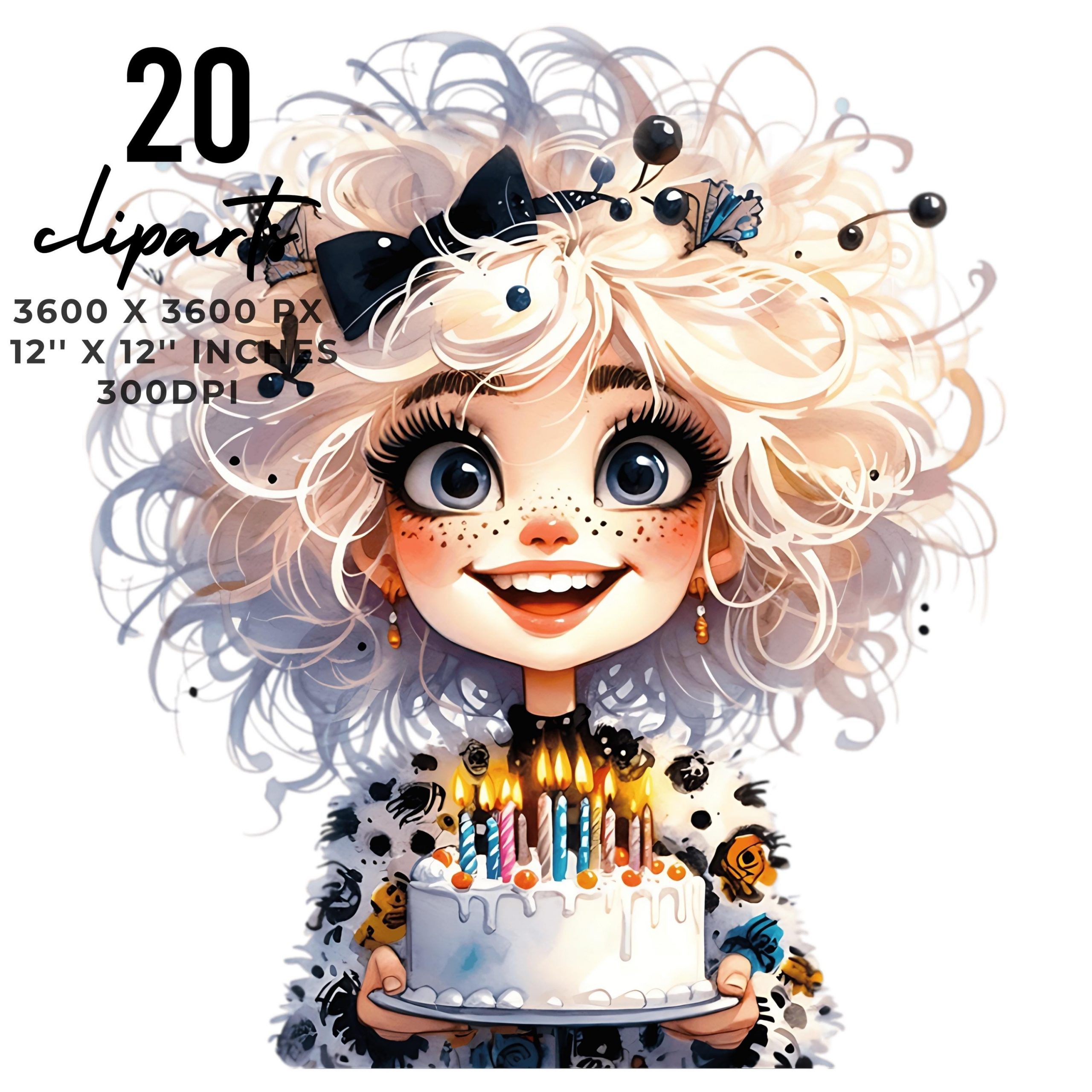 20 Quirky Blonde Girl Birthday Smiling with Birthday Cake Clip Art PNG | Cute Blonde Woman in Haute Couture Dress Sublimation Commercial Use – Instant Digital Download