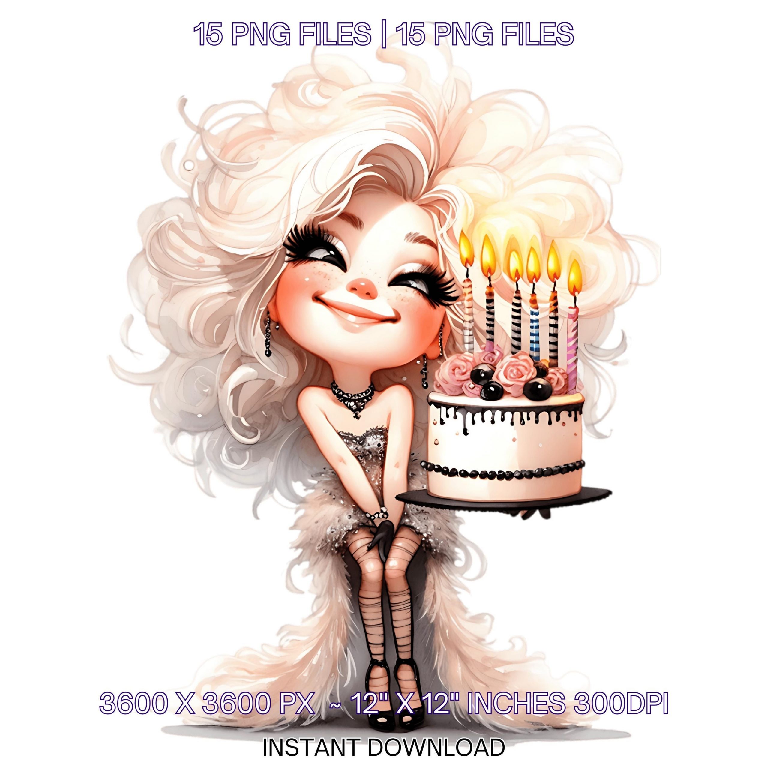 12 Quirky Woman Wearing Haute Couture Dress holding a Birthday Cake, Blowing out the Candles Clipart PNG Sublimation Commercial Use – Instant Digital Download