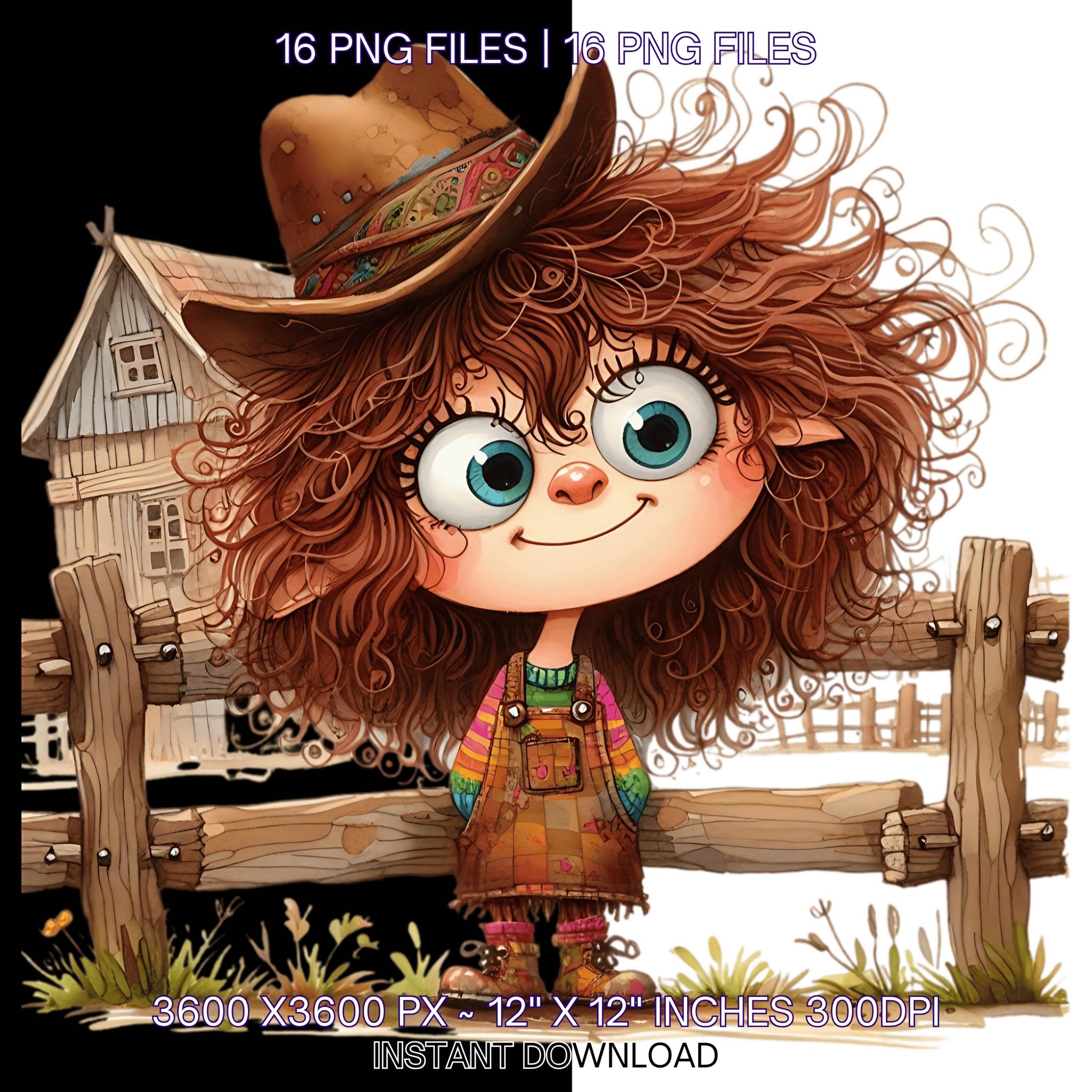 Quirky Farm Girl Clipart Bundle | 16 PNG + 16 JPG | Cute Girl in Rustic Farm Clothes by Barn & Fence | Country Sublimation | Commercial Use – Instant Digital Download