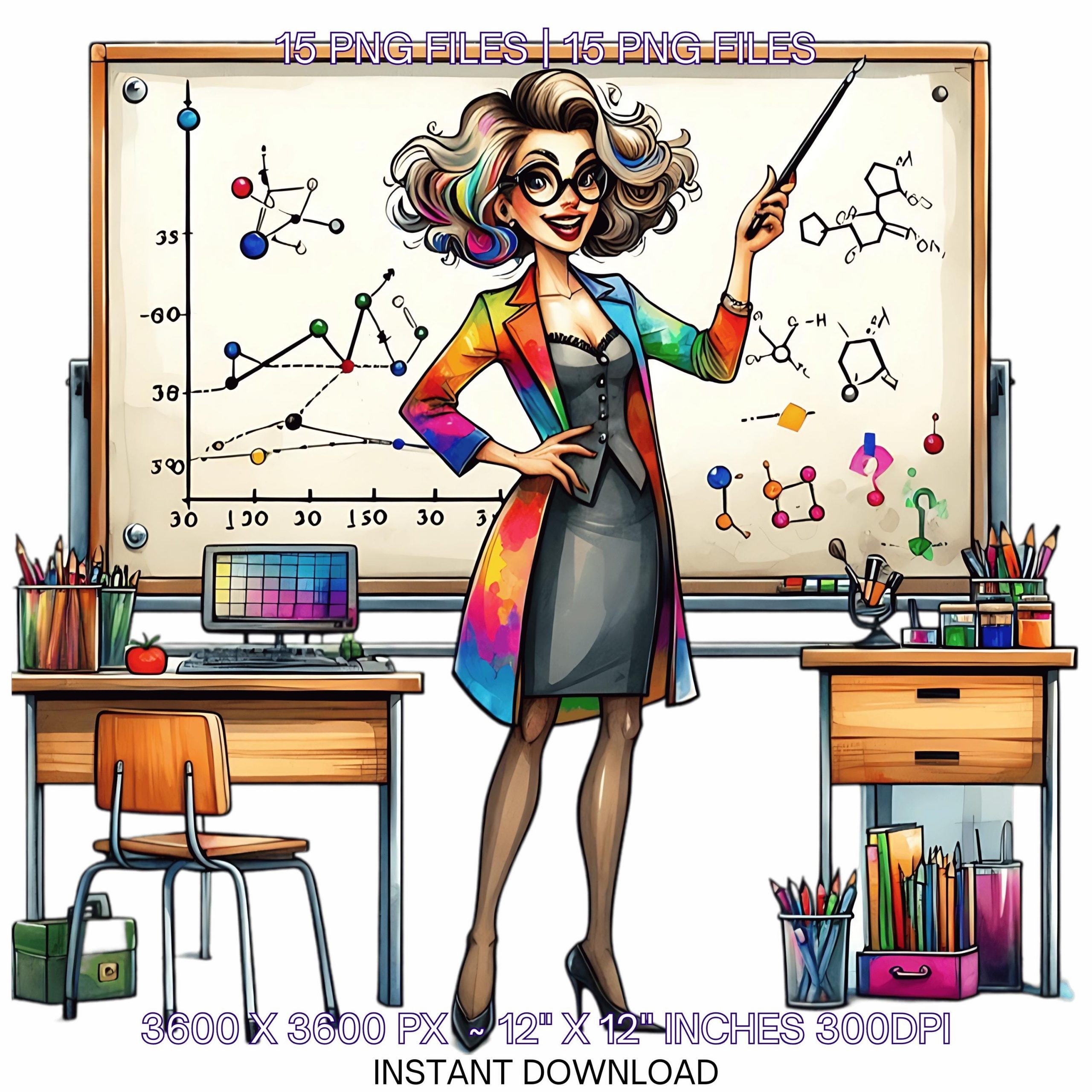 Clip Art of Teacher Teaching | 15 Quirky Teacher Clip Art PNG Watercolor Card Making, Fantasy, Whimsical, Sublimation Designs Commercial Use – Instant Digital Download