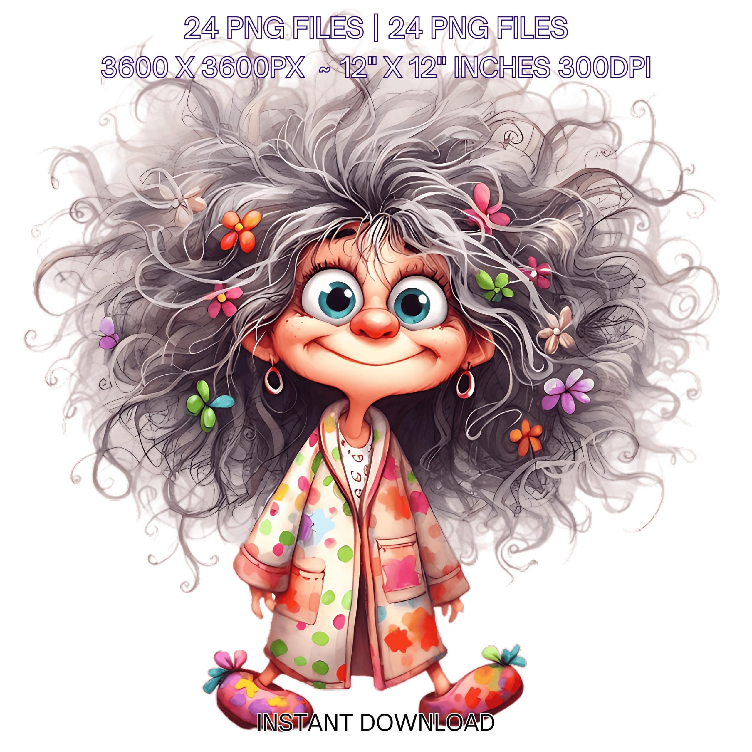 24 Crazy Grandma in Pijama PNG | Funny Old Ladies Clipart | Cute Cartoon White Grandma | Happy Woman Sublimation Commercial Use – Instant Digital Download