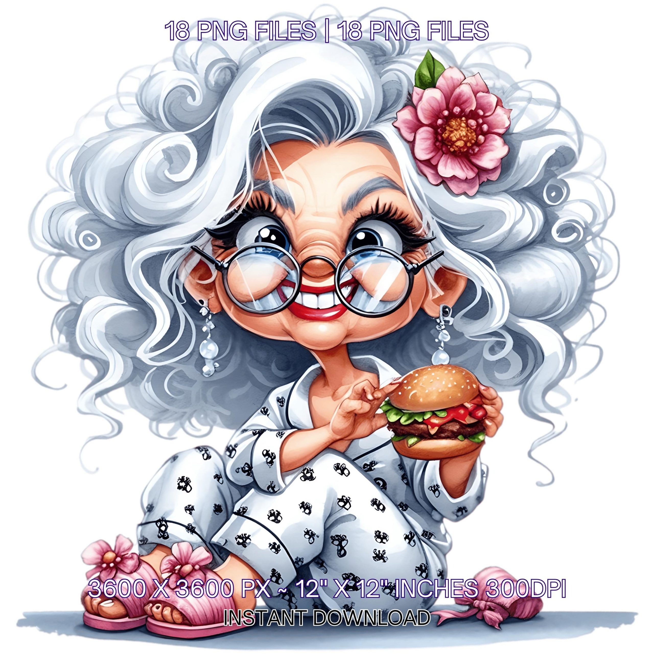 Crazy Grandma in Pijama Eating Burger Clipart | 18 PNG 18 JPG | Funny Cartoon White Old Lady | Whimsical Grandma Sublimation, Commercial Use – Instant Digital Download