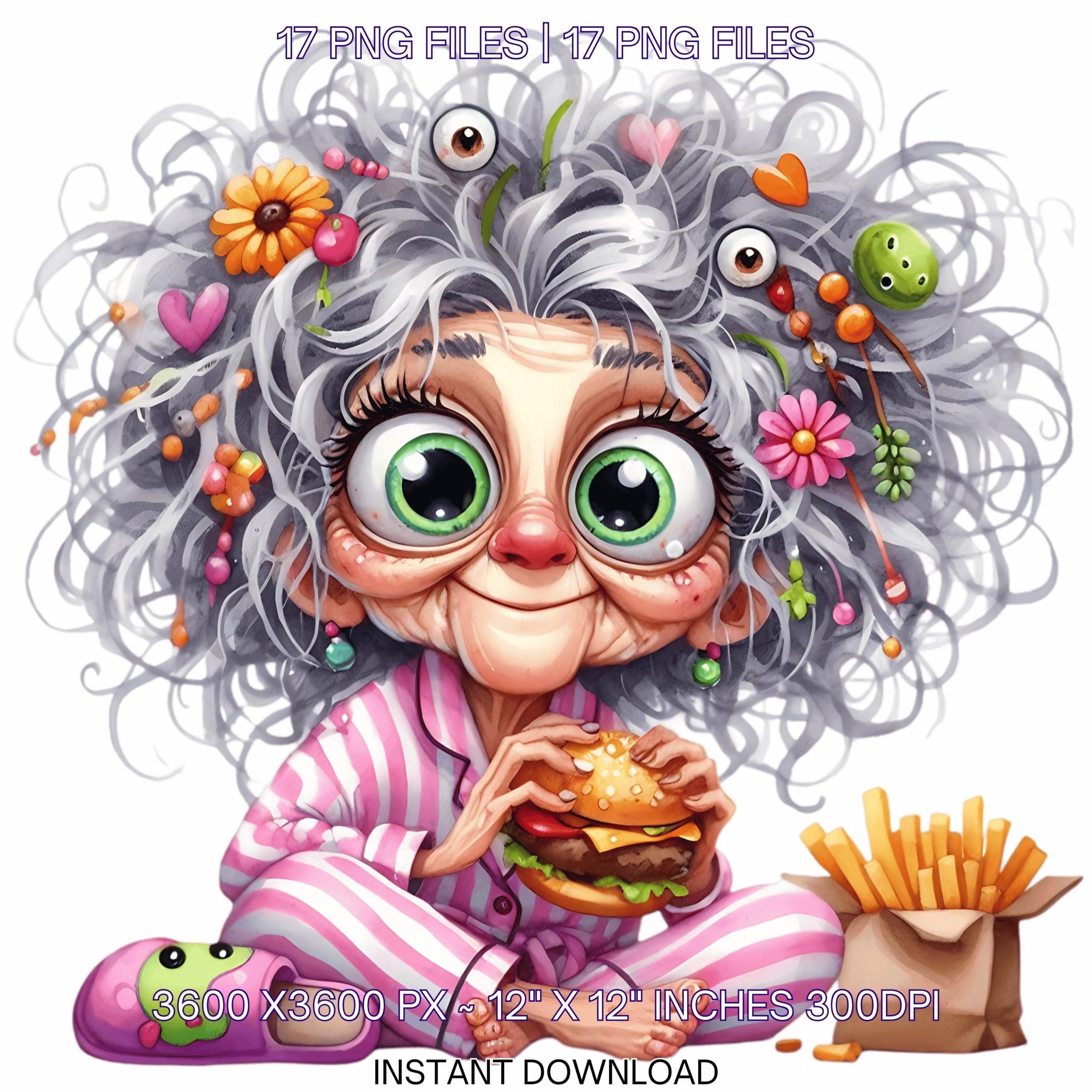 17 Crazy Grandma in Pijama Eating Burger PNG Clipart | Funny Old Lady | Cute Cartoon White Grandma | Happy Woman Sublimation Commercial Use – Instant Digital Download