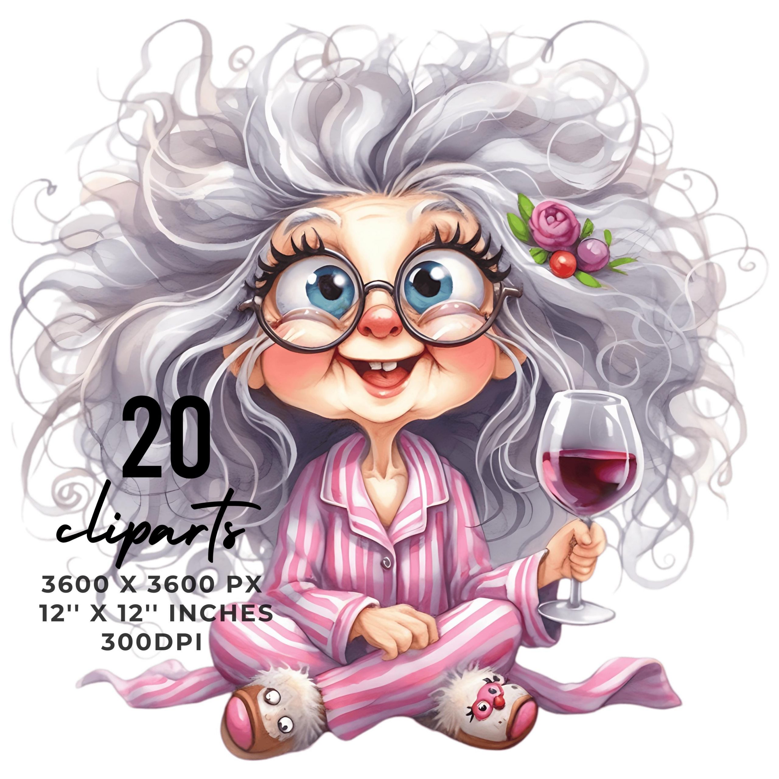 20 Crazy Grandma in Pijama Drinking Wine PNG Clipart | Funny Old Lady | Cute Cartoon White Grandma | Happy Woman Sublimation Commercial Use – Instant Digital Download