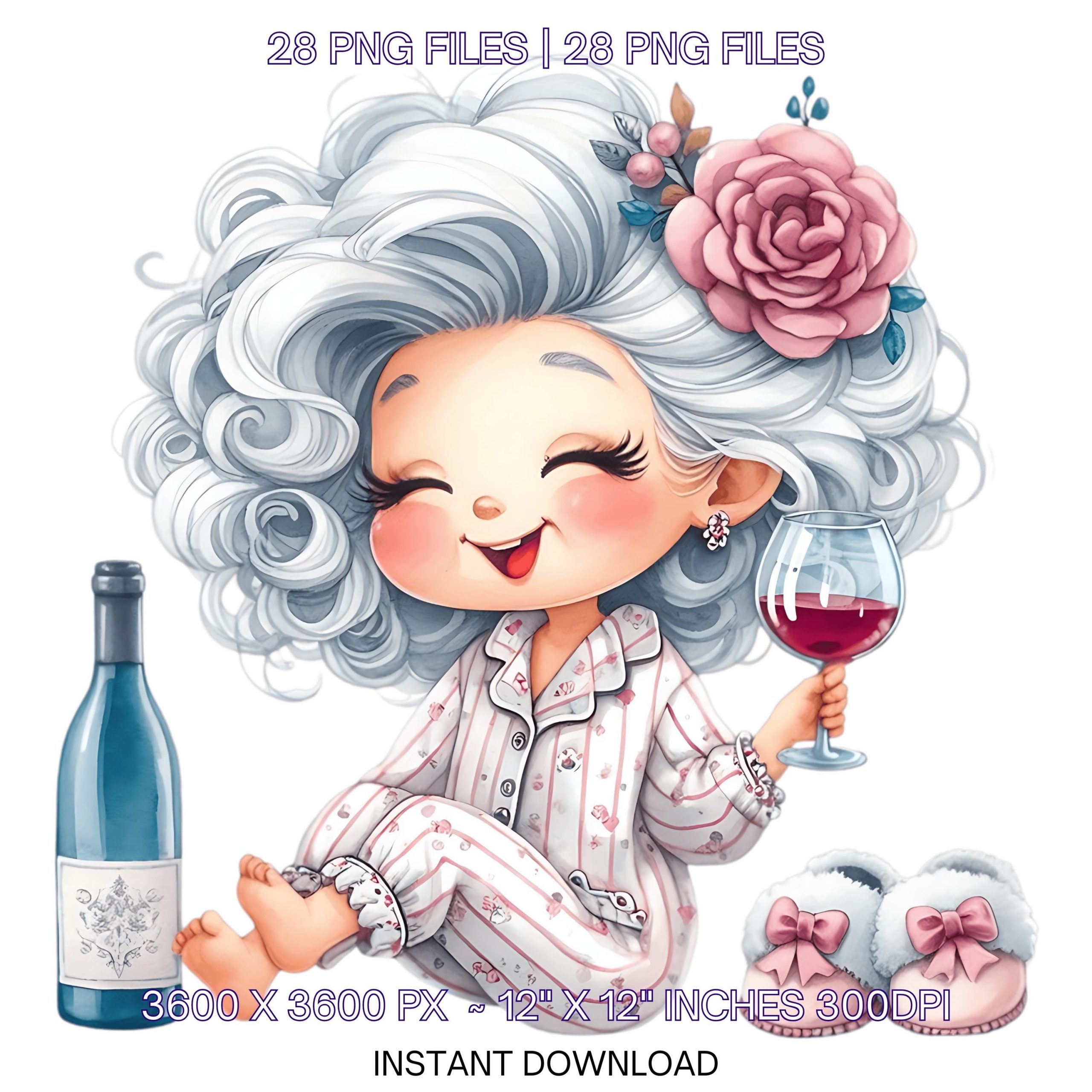 28 Crazy Grandma Day by Day wearing Pijama PNG Clipart | Funny Old Lady Cute Cartoon White Grandma | Happy Woman Sublimation Commercial Use – Instant Digital Download