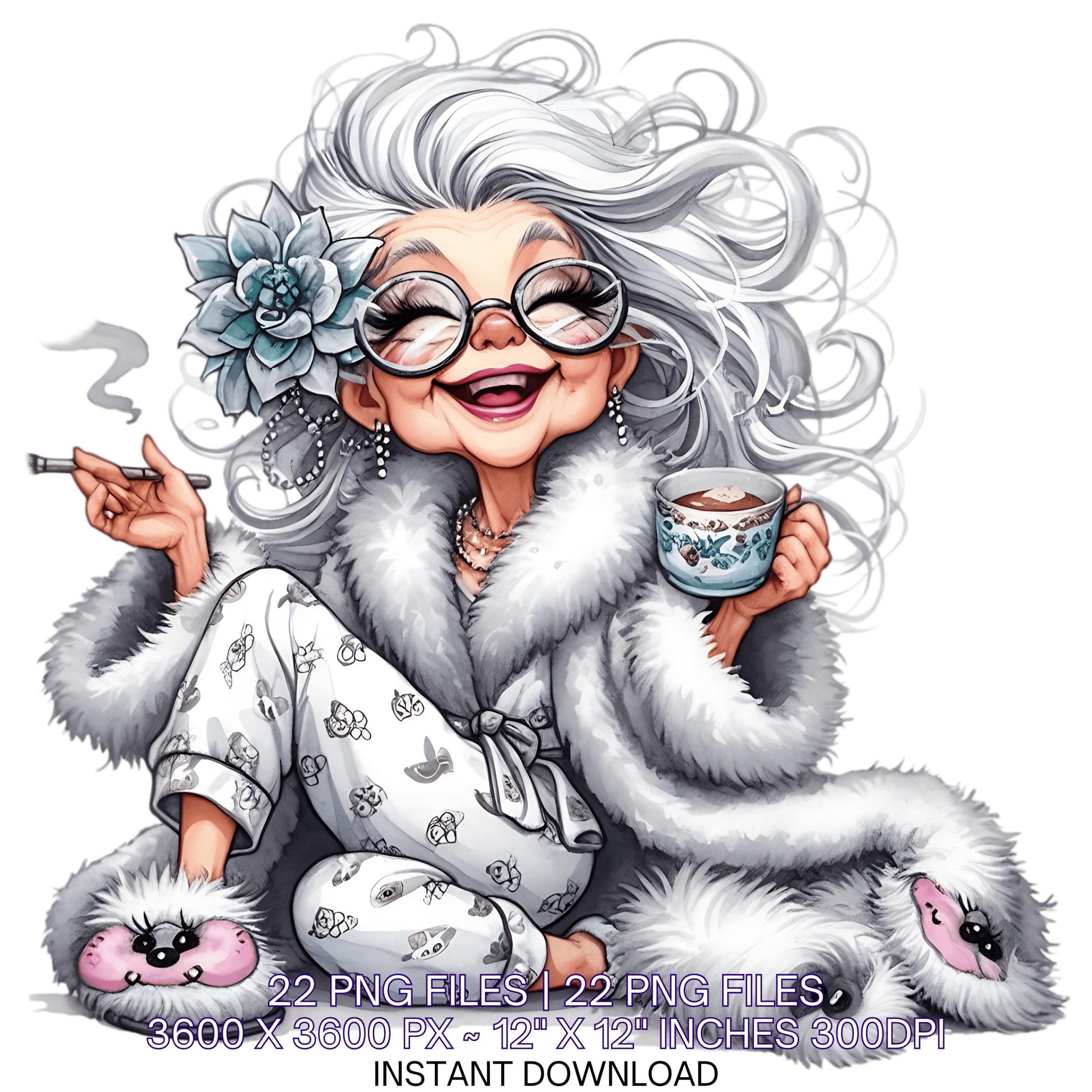 22 Elegant Crazy Grandma Day by Day PNG Clipart | Funny Old Elegant Lady Cute Cartoon White Grandma | Happy Woman Sublimation Commercial Use – Instant Digital Download