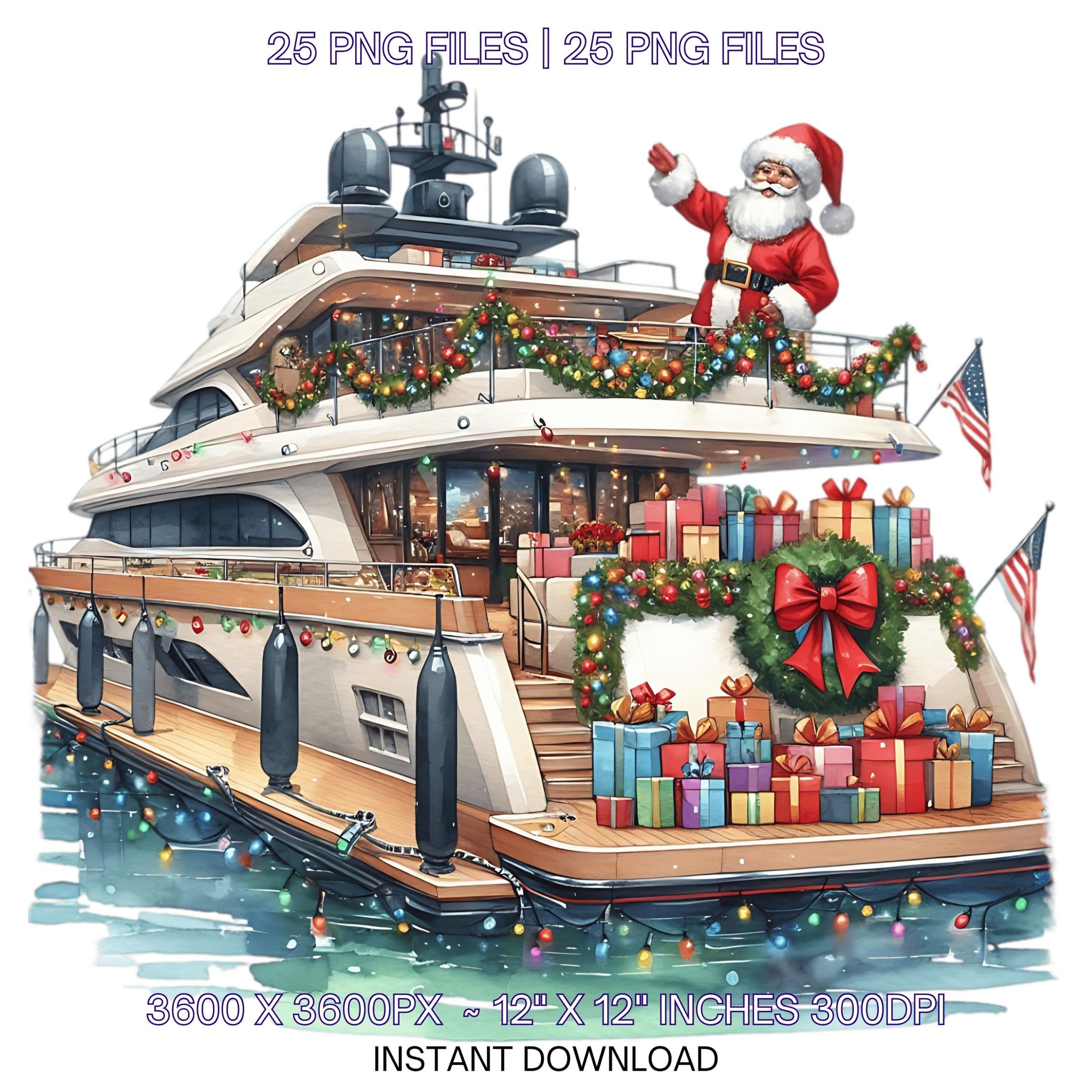 20 Merry Christmas Yacht Vacation PNG Clipart | Nautical Santa Boat for Boys | Watercolor Xmas Marine Ocean Ship Sublimation Commercial Use – Instant Digital Download
