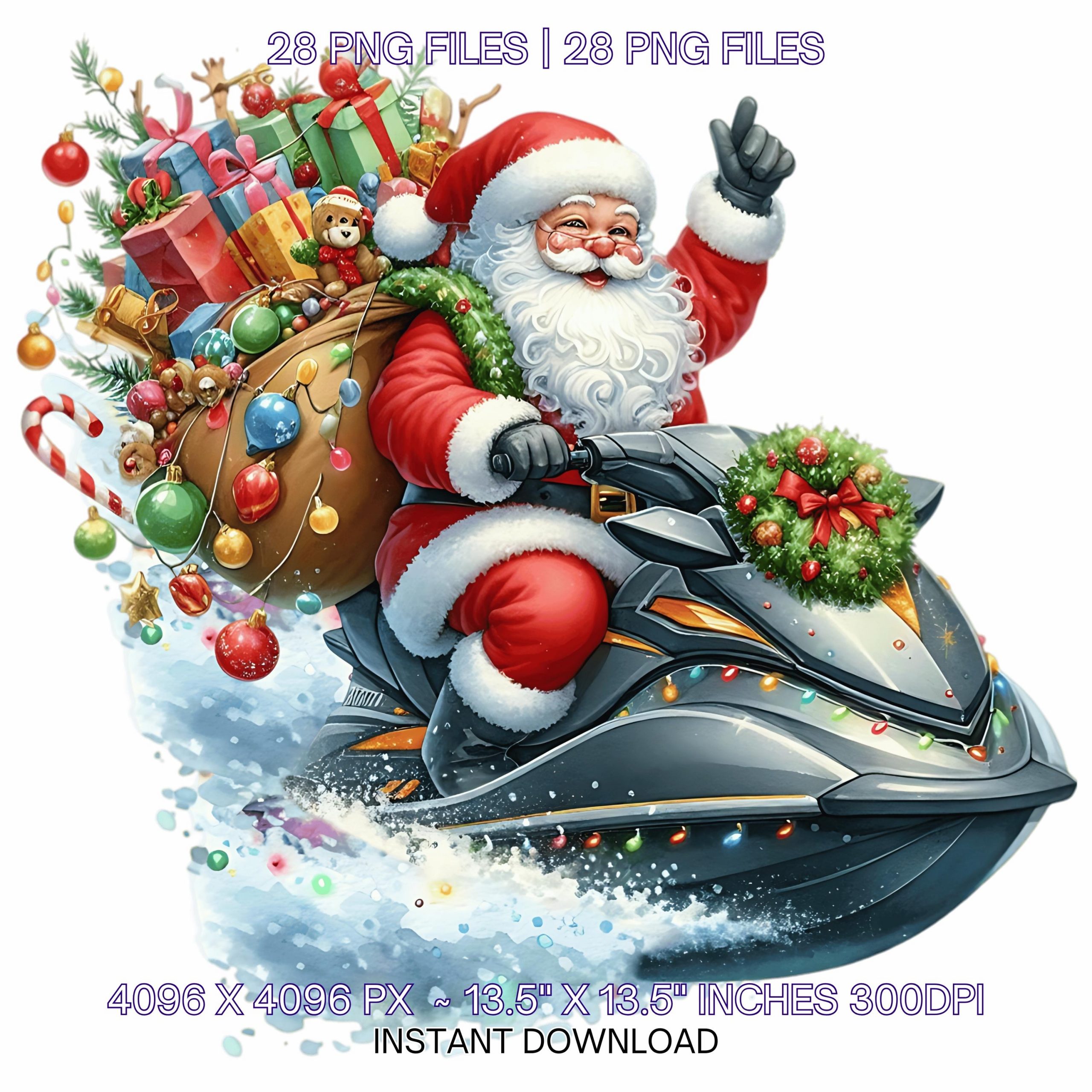 29 Merry Christmas Santa Claus Jet Skiing with Sack of Gifts PNG Clipart | Watercolor Santa is Jet Skiing to Town for Boys Commercial Use – Instant Digital Download