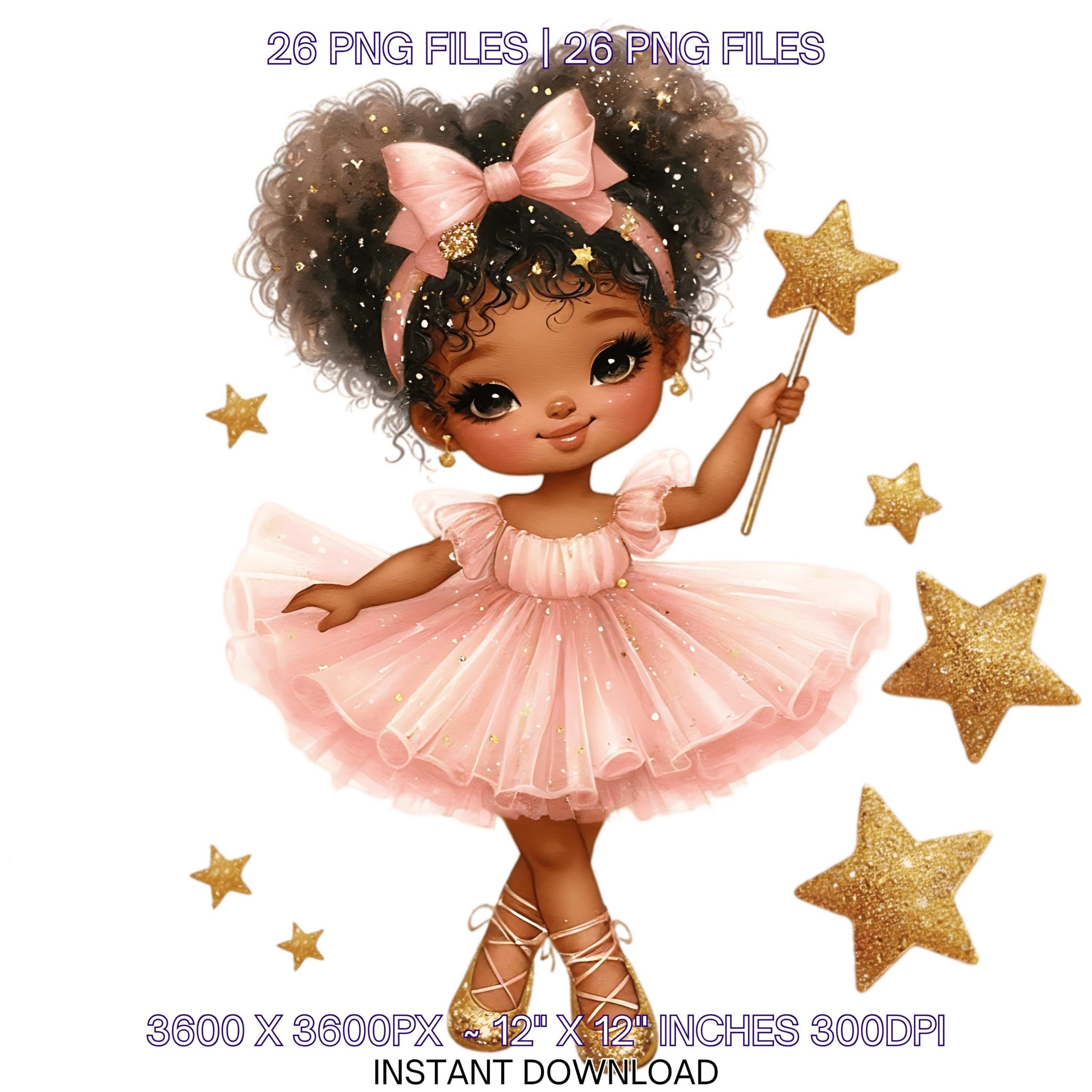 Twinkle Little Black Girl Clipart | 26 PNG & JPG | Magic Fairy Wand Stars | Watercolor Sublimation, Junk Journal, Commercial Use – Instant Digital Download