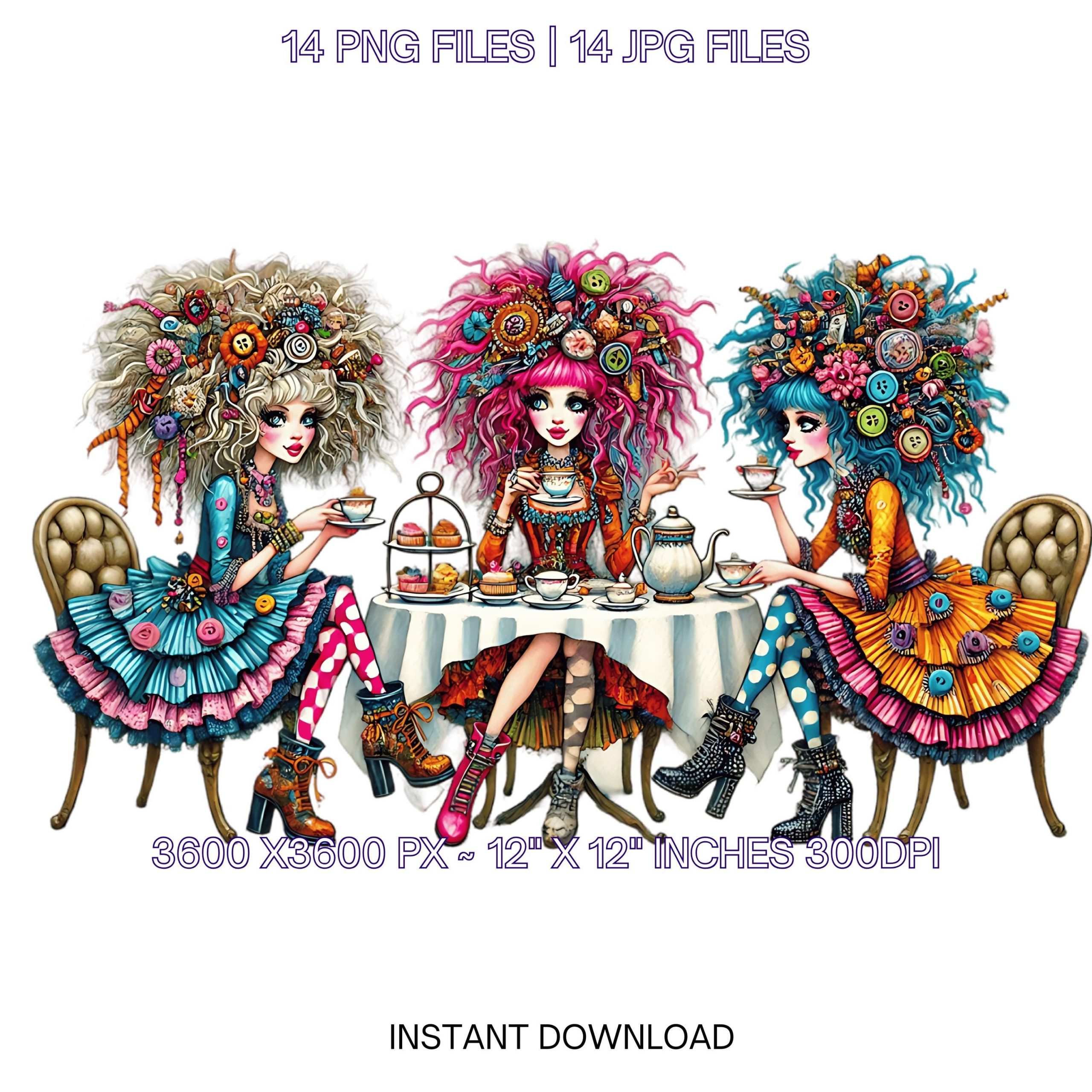 14 Afternoon Tea Quirky Girl Clip Art PNG High Res Watercolor Fantasy, Whimsical Card, Sublimation, Junk Journaling, Scrapbooking Commercial – Instant Digital Download