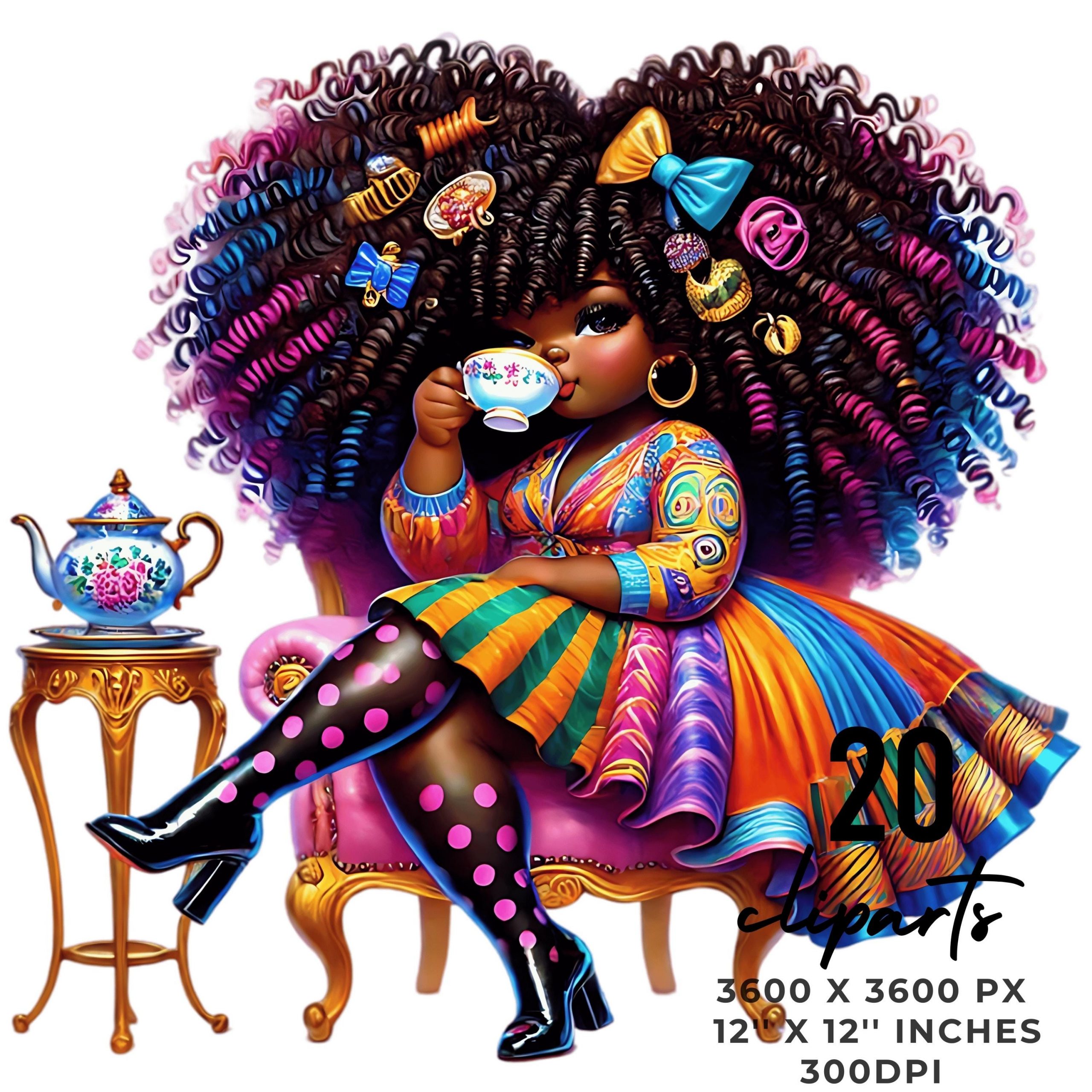 20 Curvy Ladies Having Afternoon Tea Clip Art PNG | Watercolor Whimsical Fantasy Quirky Frazzled Black Girl Sublimation Commercial Use – Instant Digital Download