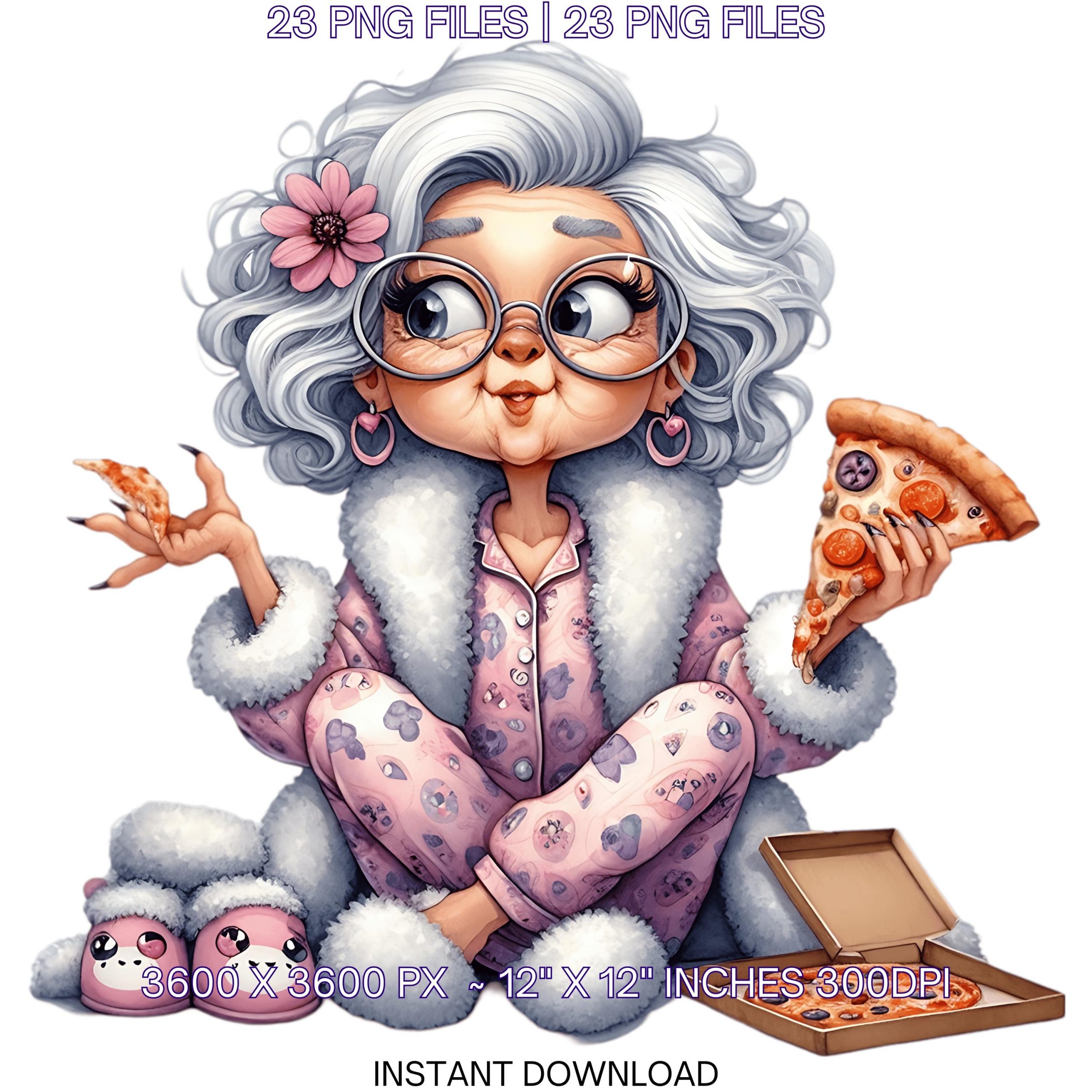 24 Crazy Grandma in Pijama Eating Pizza PNG Clipart | Funny Old Ladies | Cute Cartoon White Grandma | Happy Woman Sublimation Commercial Use – Instant Digital Download