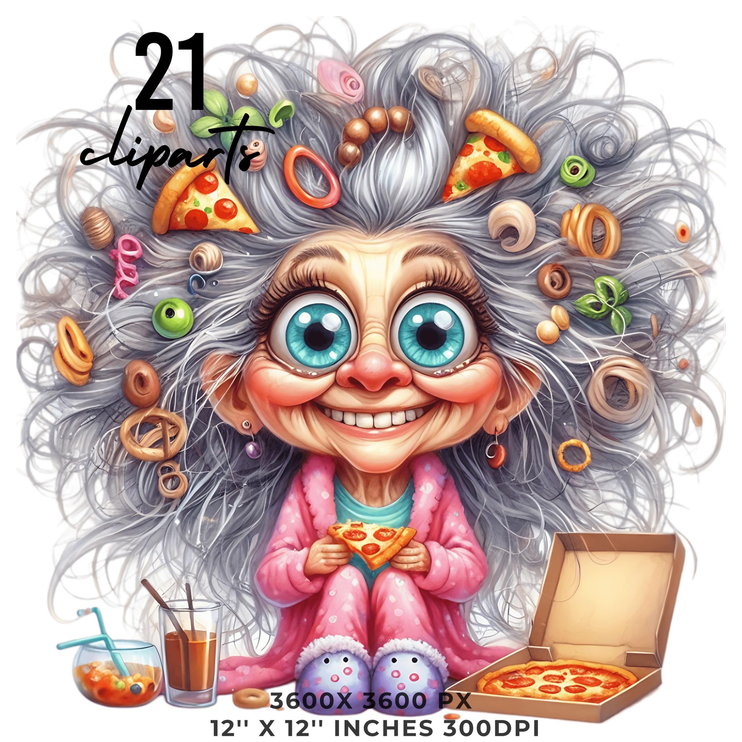 21 Crazy Grandma in Pijama Eating Pizza PNG Clipart | Funny Old Ladies | Cute Cartoon White Grandma | Happy Woman Sublimation Commercial Use – Instant Digital Download