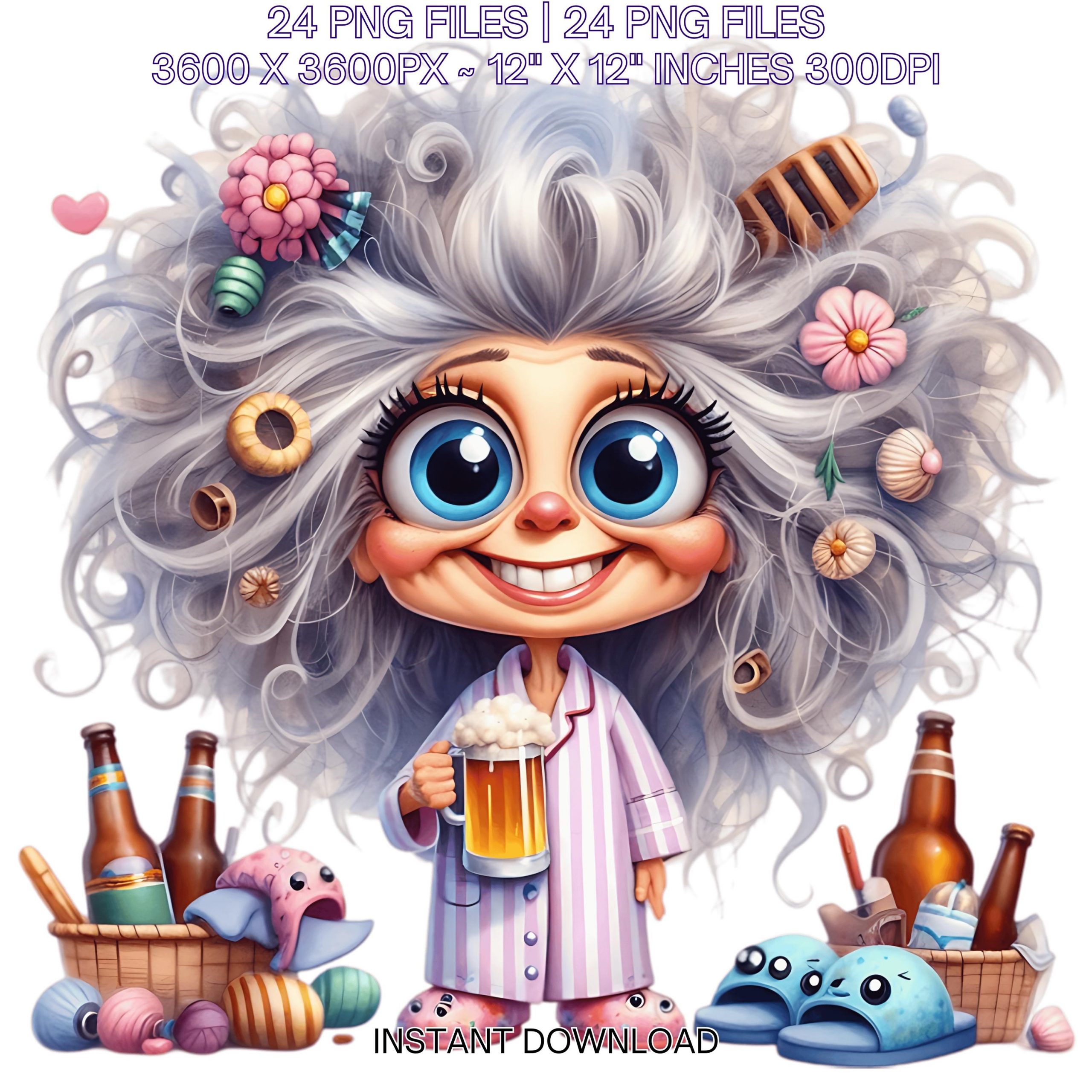 24 Crazy Grandma in Pijama Drinking Beer PNG Clipart | Funny Old Lady | Cute Cartoon White Grandma | Happy Woman Sublimation Commercial Use – Instant Digital Download