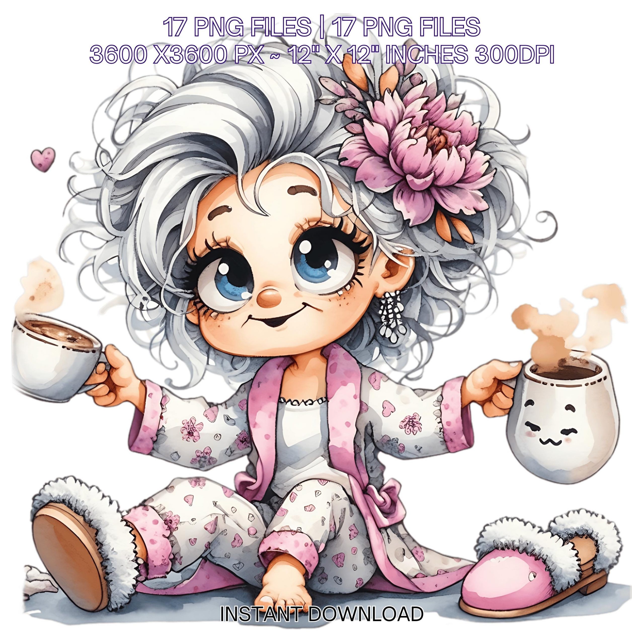 17 Grumpy Grandma Day by Day wearing Pijama PNG Clipart | Funny Old Lady Cartoon | Crazy Grandma | Happy Woman Sublimation Commercial Use – Instant Digital Download