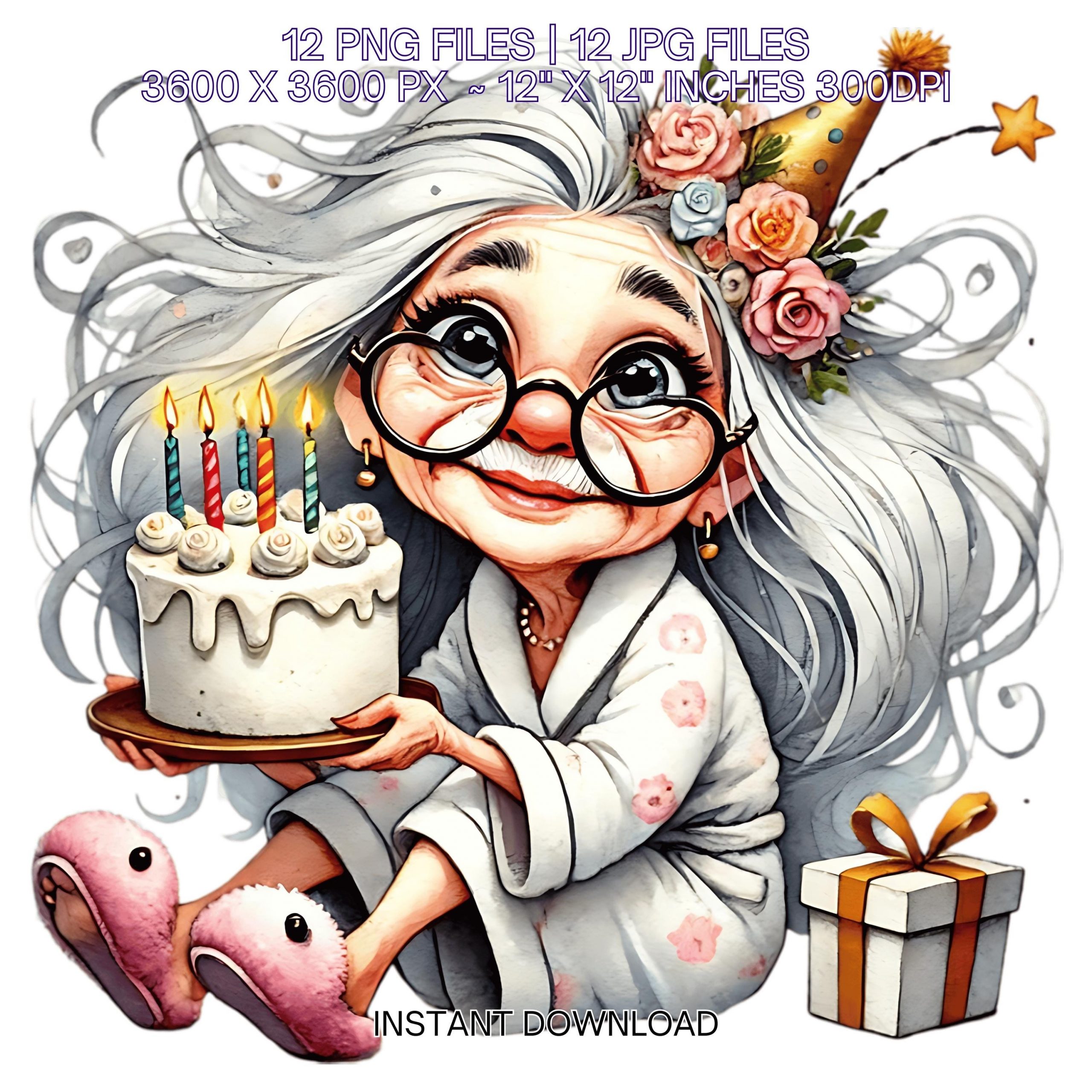Crazy Grandma Birthday Clipart | Funny Old Lady in Pajamas with Cake | Whimsical Grandma 12 PNG & 12 JPG for Sublimation | Commercial Use – Instant Digital Download