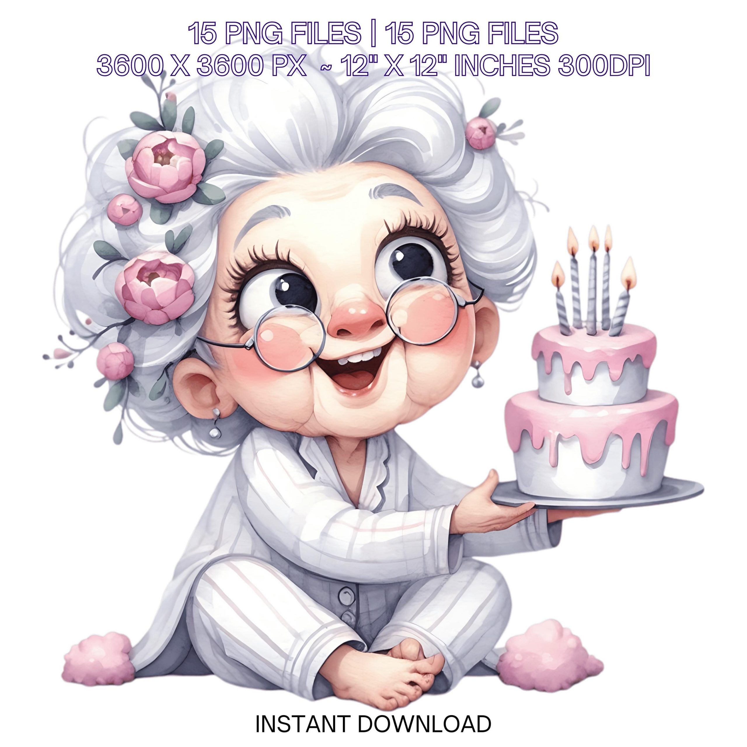 15 Crazy Grandma in Pijama with His Birthday Cake PNG Clipart | Funny Old Ladies | Cute Grandma | Happy Woman Sublimation Commercial Use – Instant Digital Download