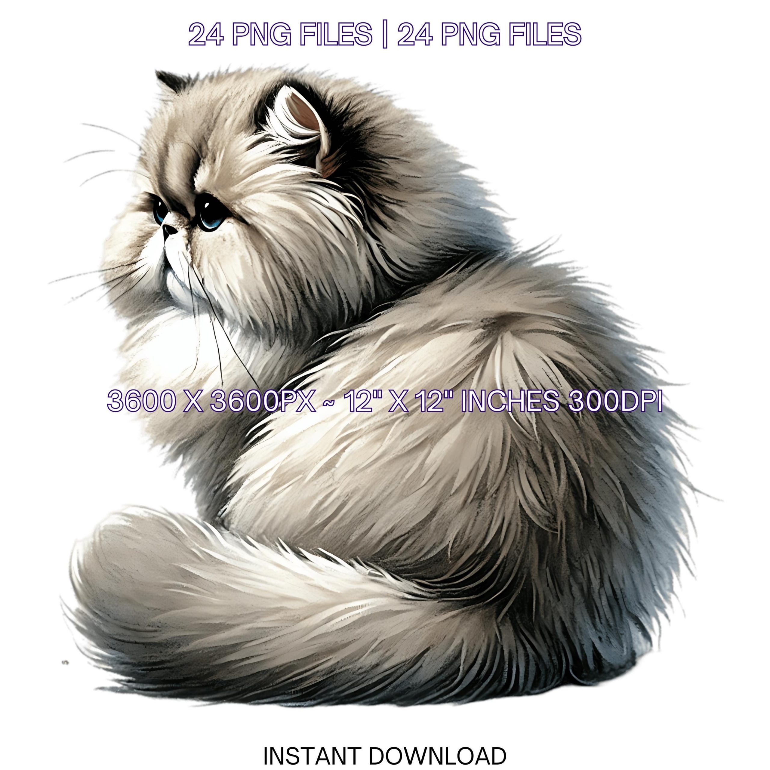 24 Persian Cat PNG Clipart, Watercolor Cats as Pets for Card Making, Scrapbooking, Junk Journaling, Sublimation Illustrations Commercial Use – Instant Digital Download