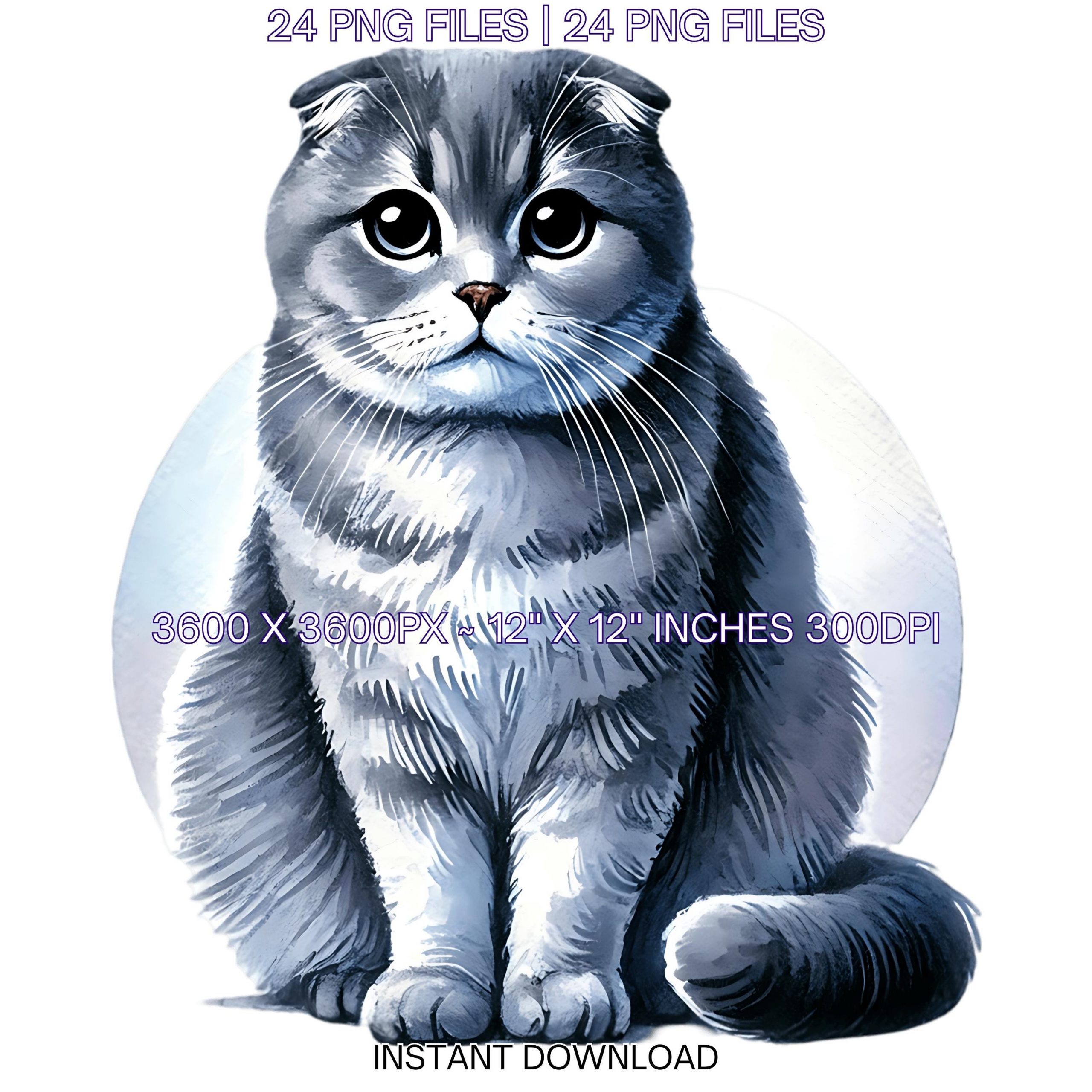 24 Scottish Fold Cat PNG Clipart, Watercolor Cat as Pet Card Making, Scrapbooking, Junk Journaling, Sublimation Pet Portrait Commercial Use – Instant Digital Download
