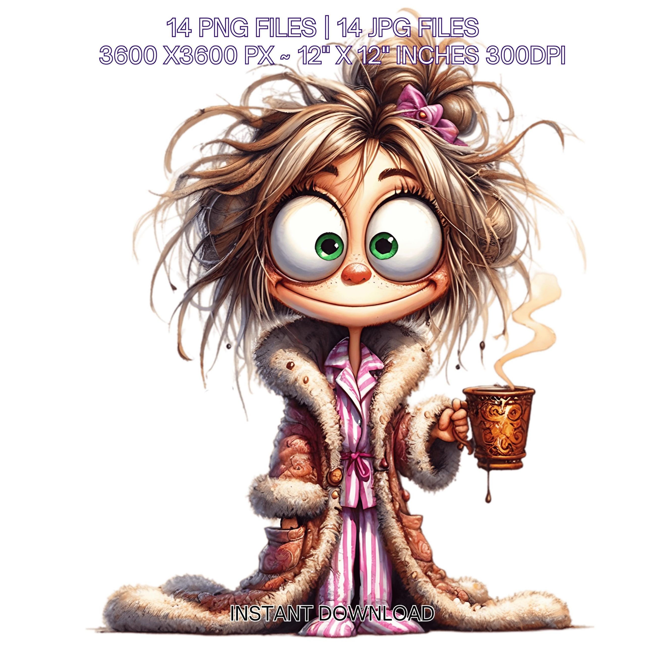 14 Morning Coffee Girl in Pijama PNG Clipart | Funny Woman | Crazy Cute Blonde Girl Cartoon | Grumpy Lady Image Sublimation Commercial Use – Instant Digital Download