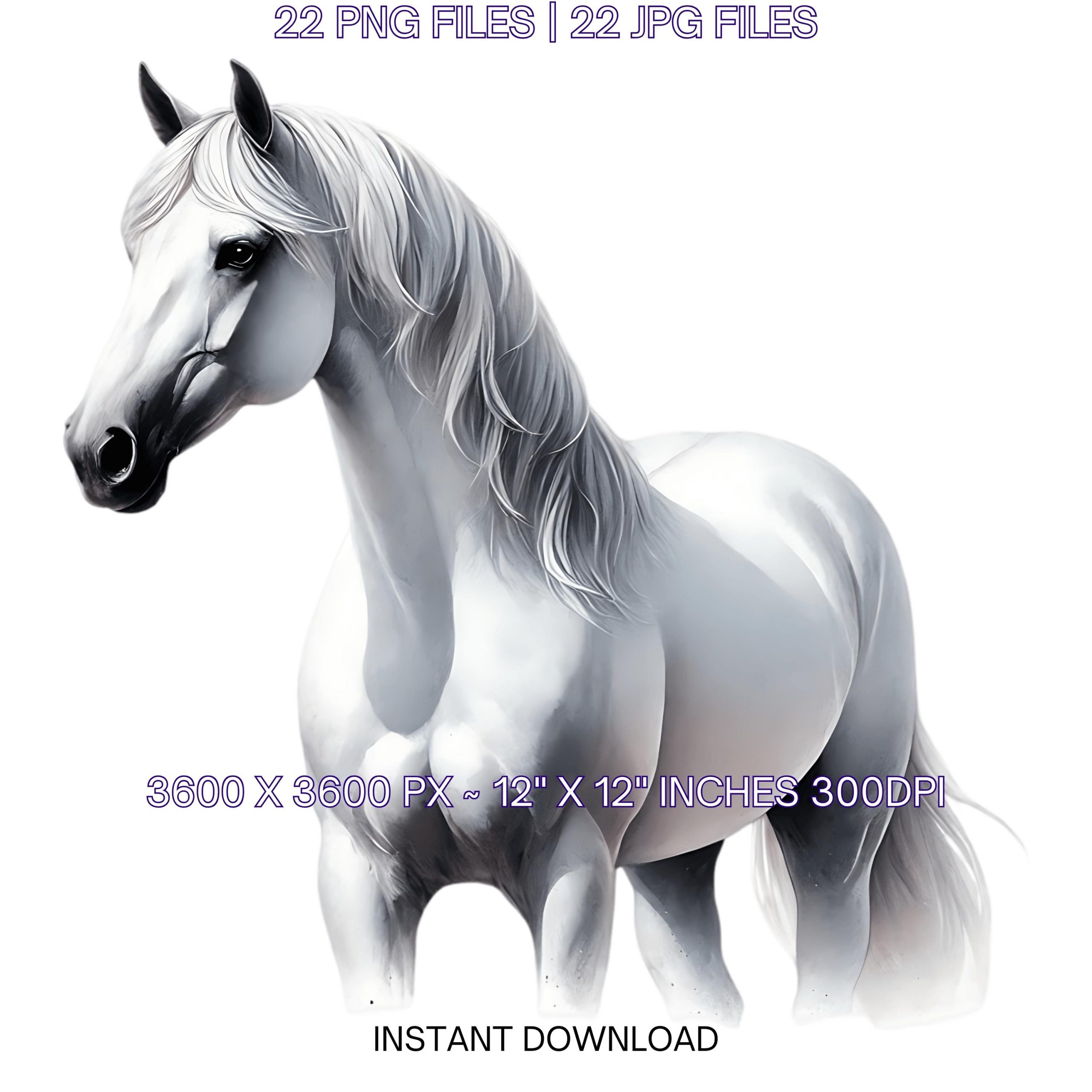 22 White Horse PNG Clipart, Watercolor Farm Animals for Card Making, Scrapbooking, Junk Journaling, Sublimation Illustrations Commercial Use – Instant Digital Download
