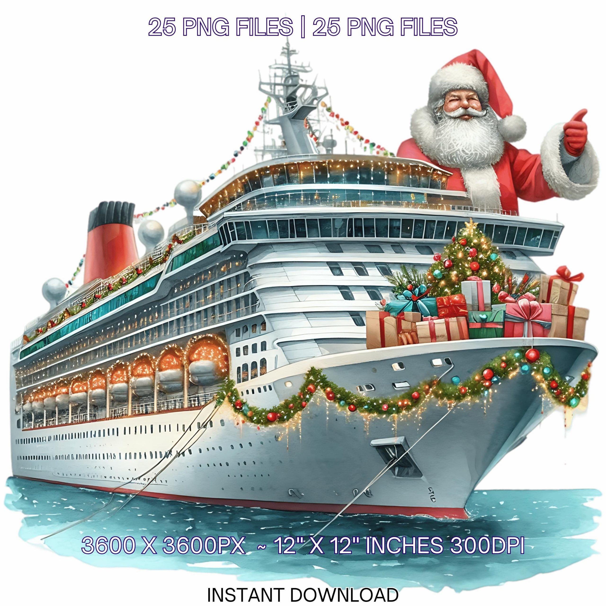 25 Merry Christmas Cruise Vacation PNG Clipart | Nautical Santa Boat for Boys | Watercolor Xmas Marine Ocean Ship Sublimation Commercial Use – Instant Digital Download